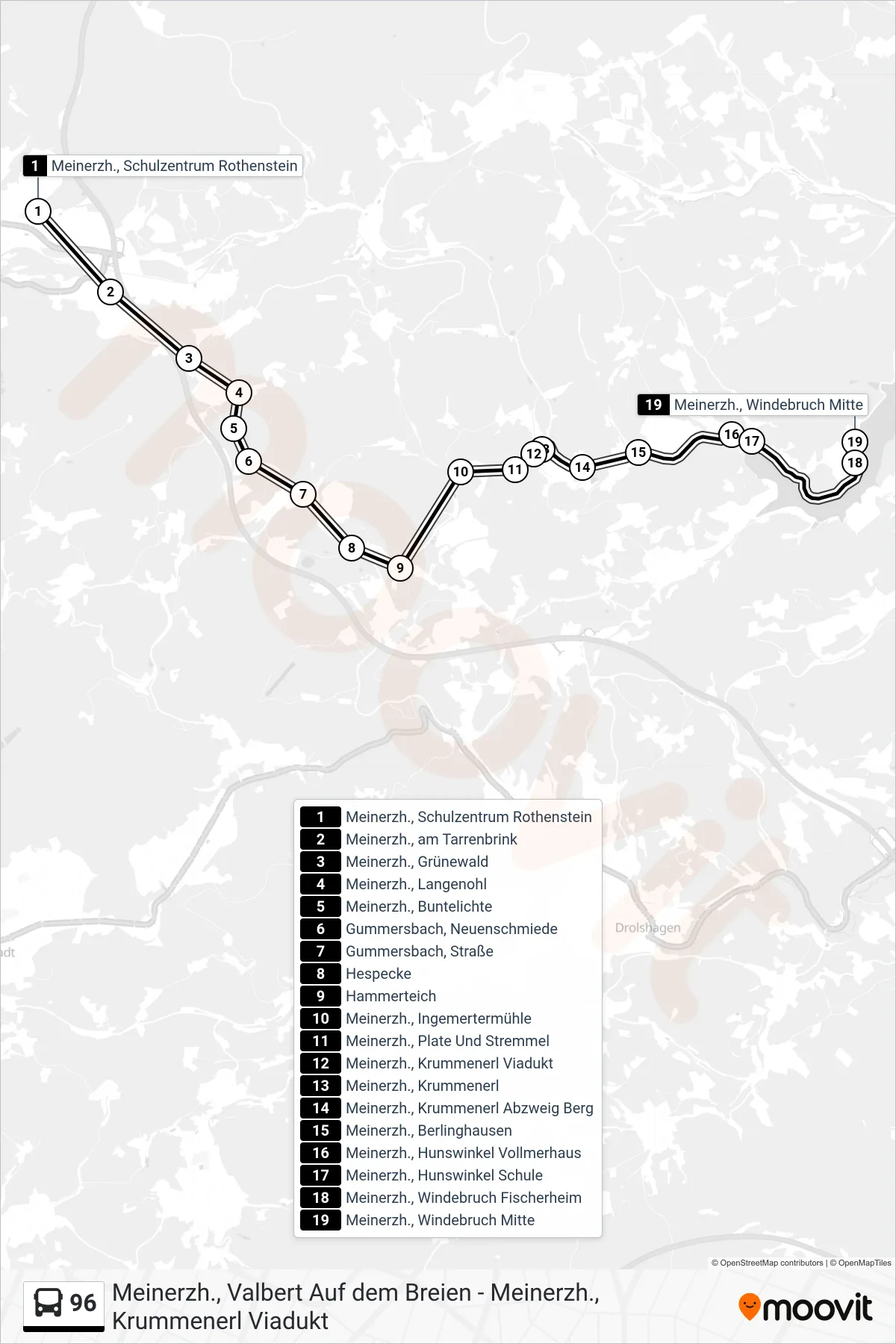 96 bus Line (Meinerzh., Windebruch Mitte) route and stops on a map