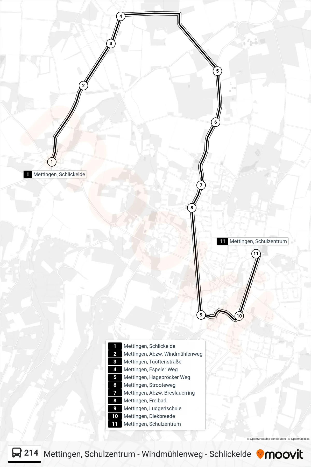Linie 214 (Bus) Richtung Mettingen, Schulzentrum Bstg B: Route und Haltestellen auf der Karte