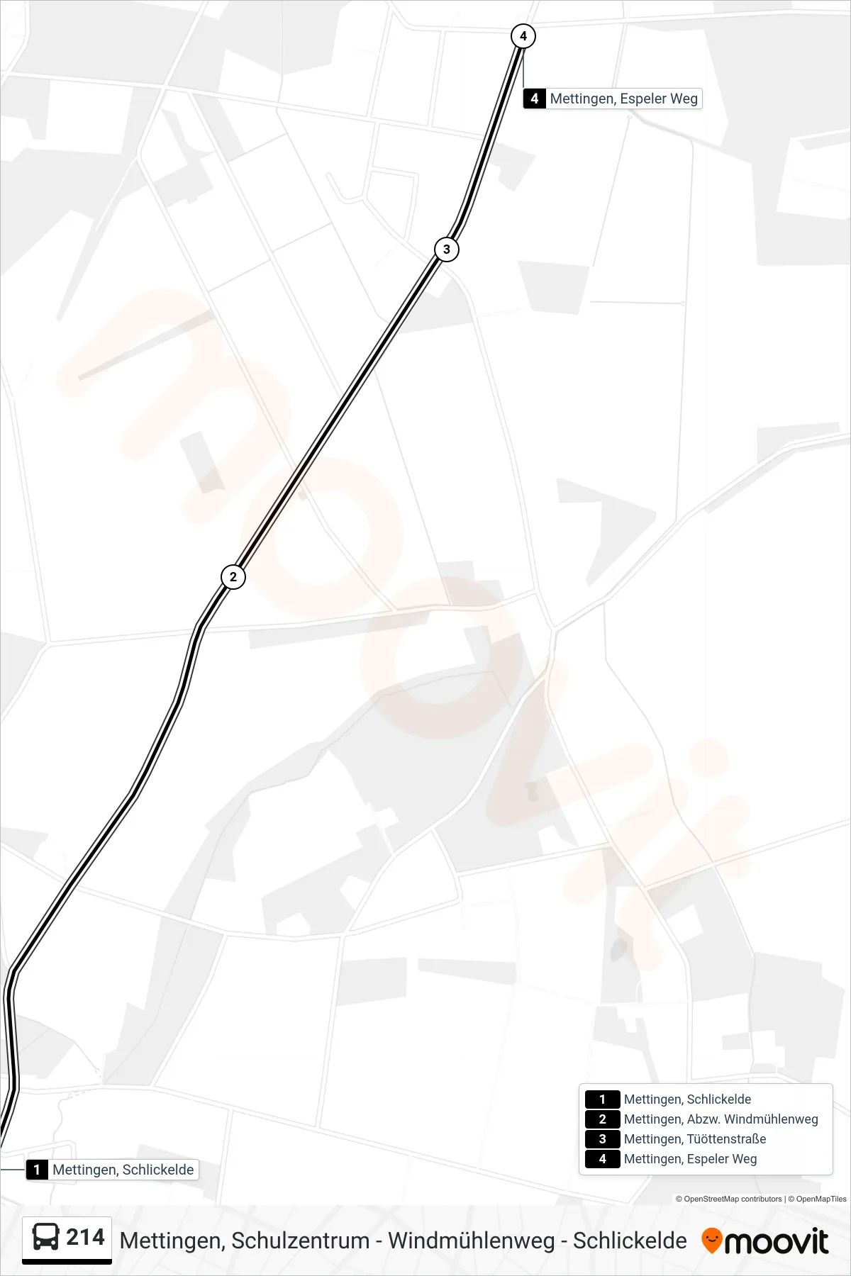 214 bus Line (Mettingen, Espeler Weg) route and stops on a map