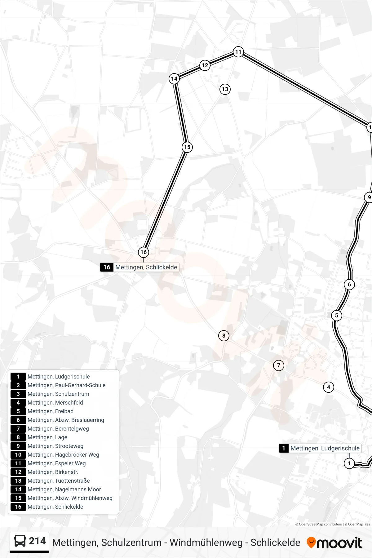214 bus Line (Mettingen, Schlickelde) route and stops on a map