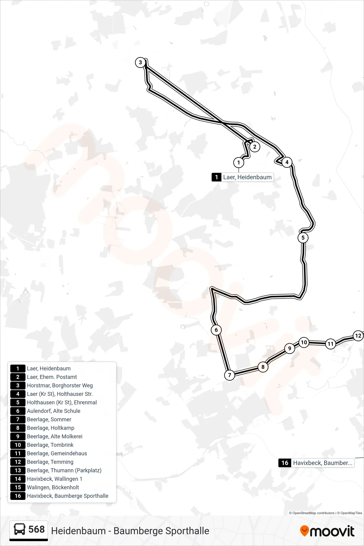 Linie 568 (Bus) Richtung Havixbeck, Baumberge Sporthalle: Route und Haltestellen auf der Karte