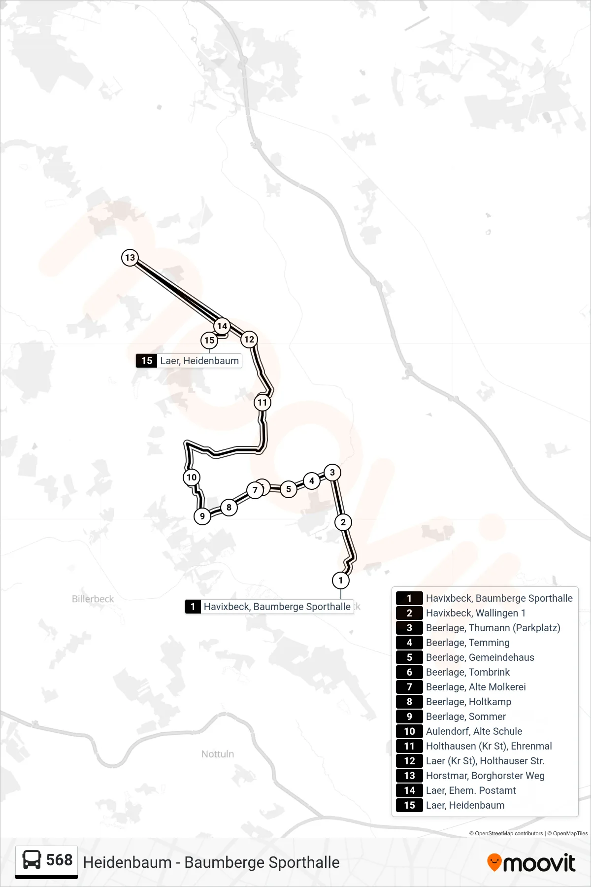 568 bus Line (Laer, Heidenbaum) route and stops on a map