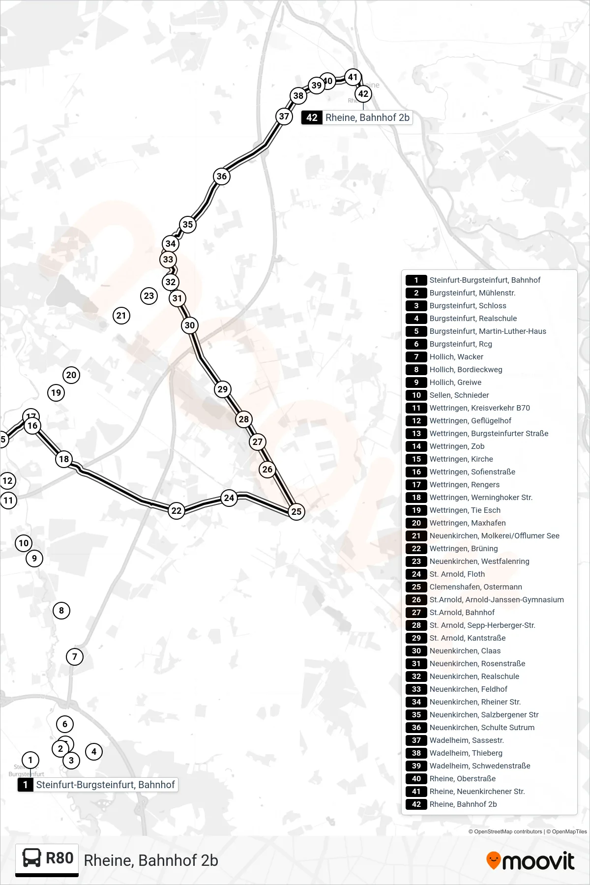 R80 bus Line (Rheine, Bahnhof 2b) route and stops on a map