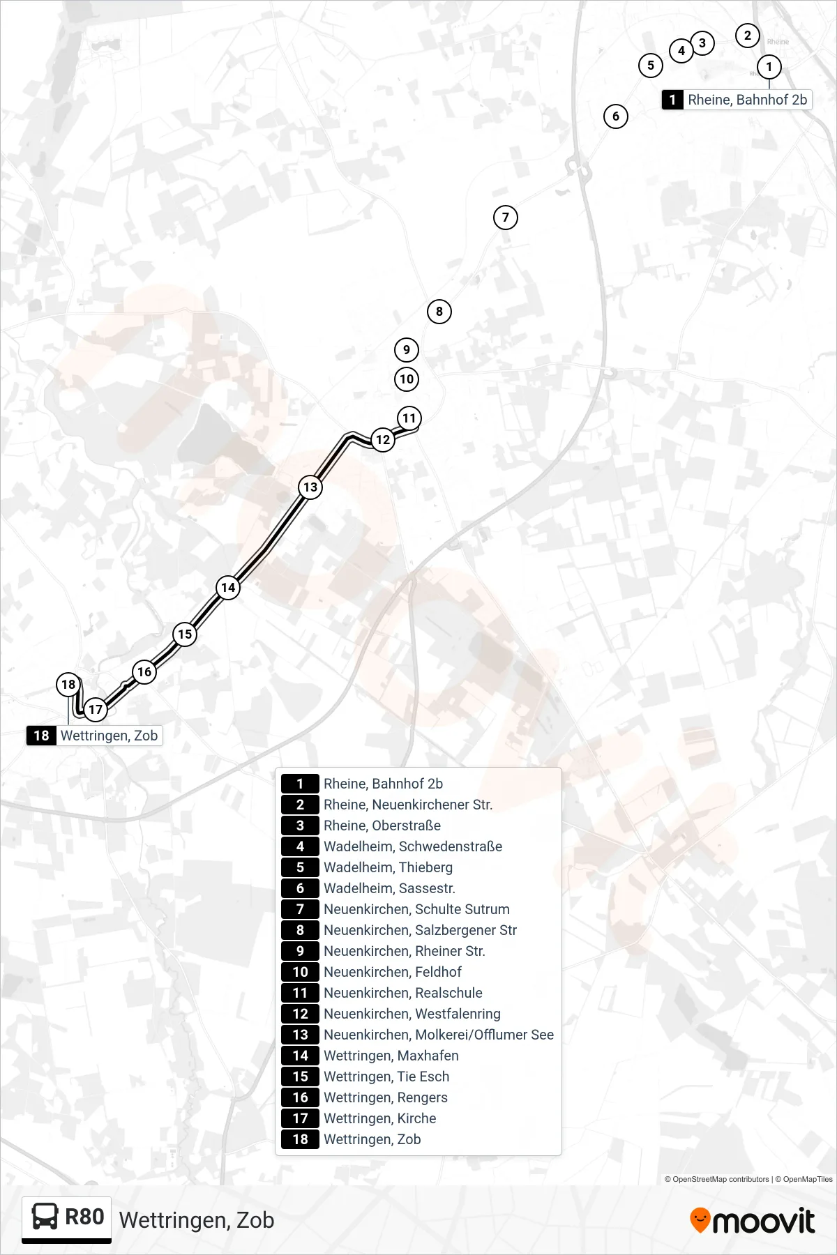 R80 bus Line (Wettringen, Zob) route and stops on a map