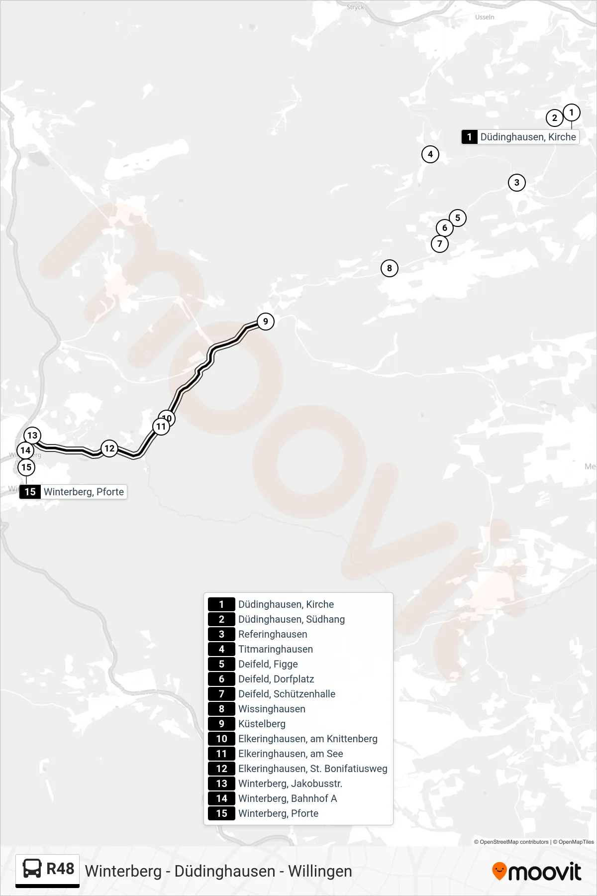 R48 bus Line (Winterberg, Pforte) route and stops on a map