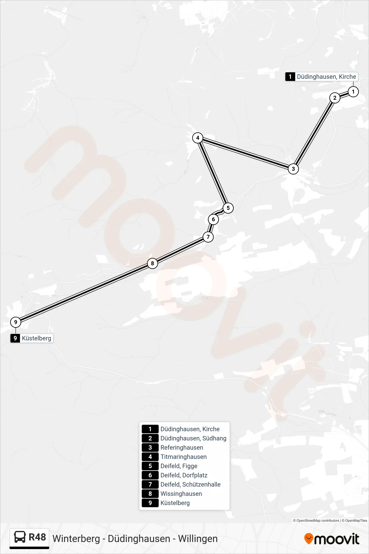 R48 bus Line (Küstelberg) route and stops on a map