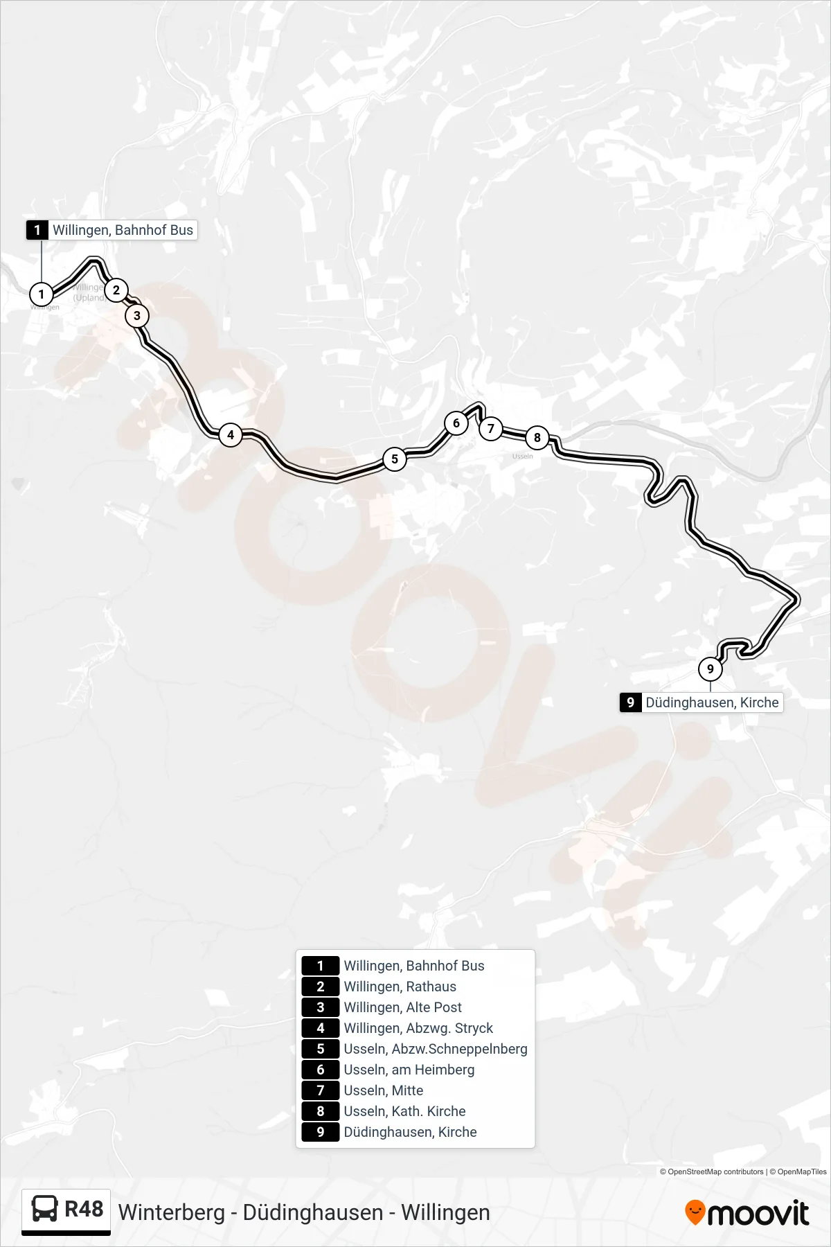 R48 bus Line (Düdinghausen, Kirche) route and stops on a map