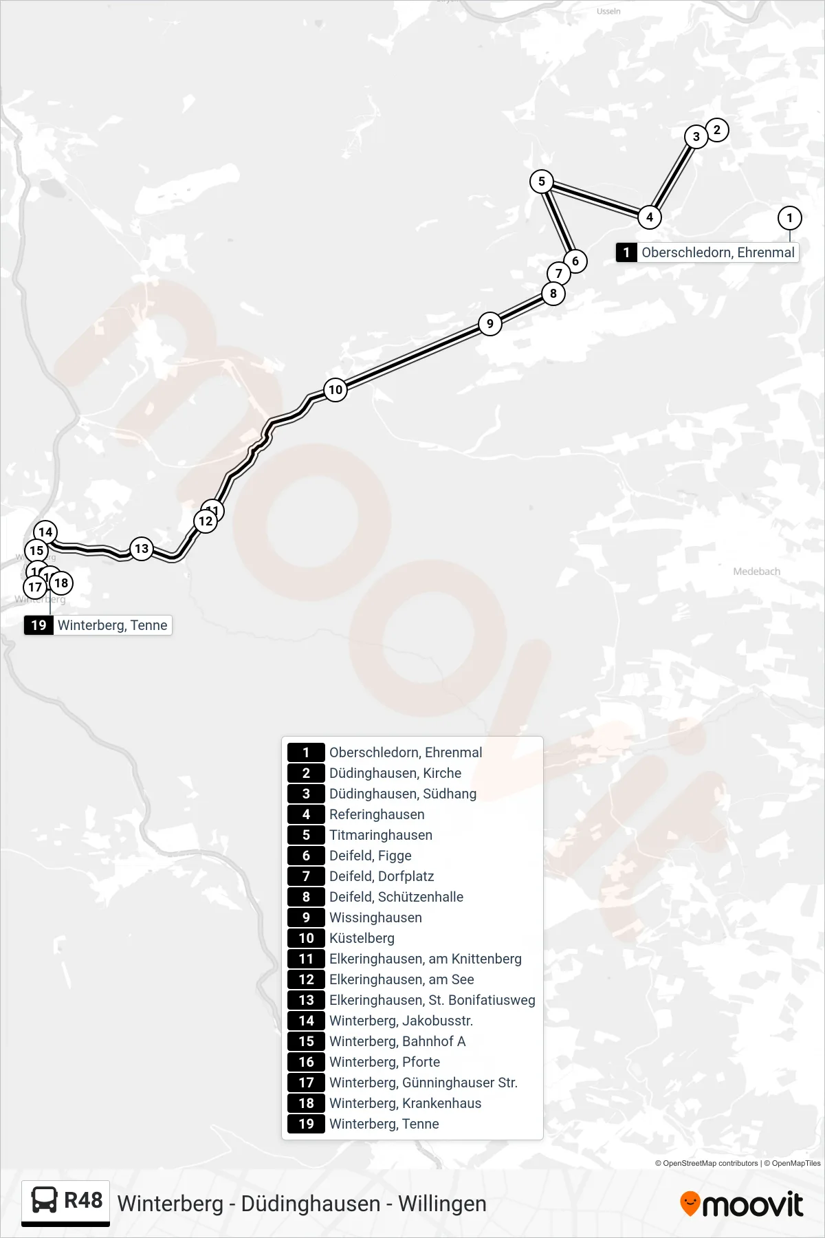 R48 bus Line (Winterberg, Tenne) route and stops on a map