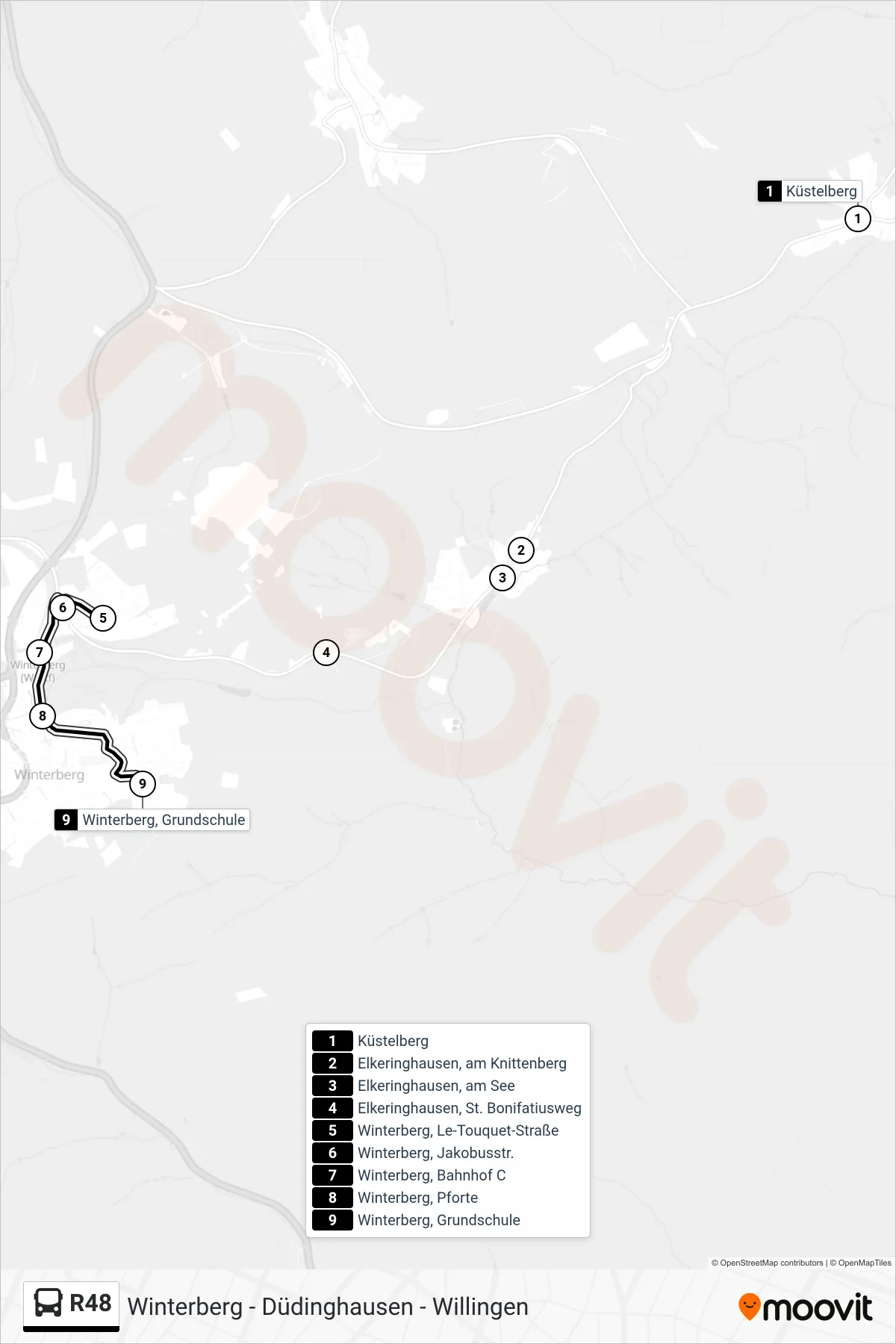 R48 bus Line (Winterberg, Grundschule) route and stops on a map