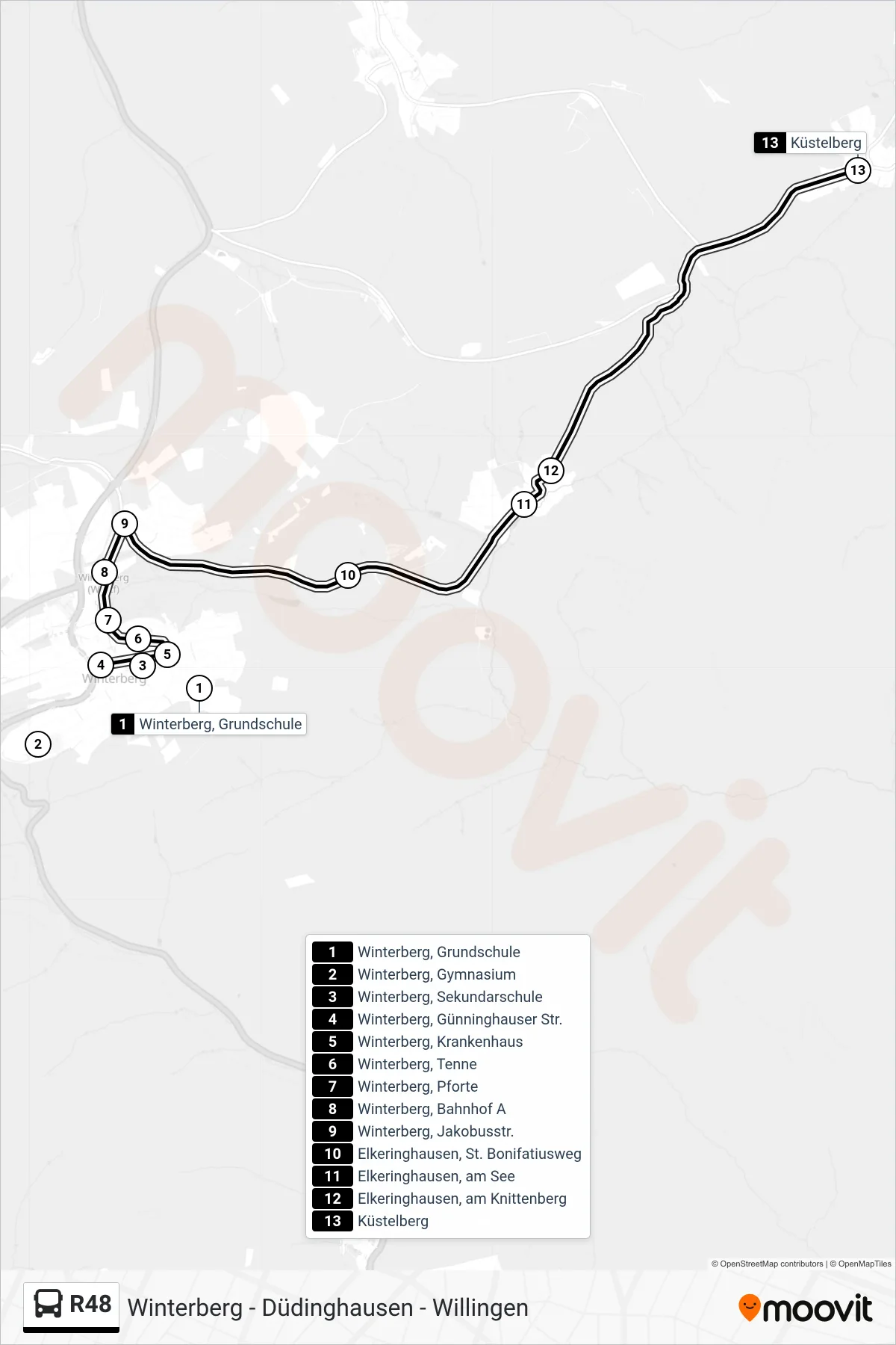R48 bus Line (Küstelberg) route and stops on a map