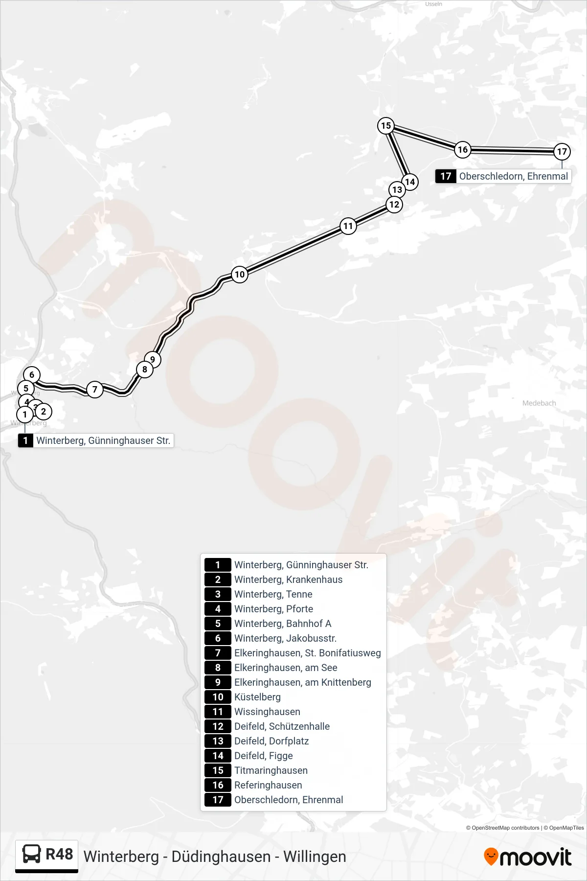 R48 bus Line (Oberschledorn, Ehrenmal) route and stops on a map