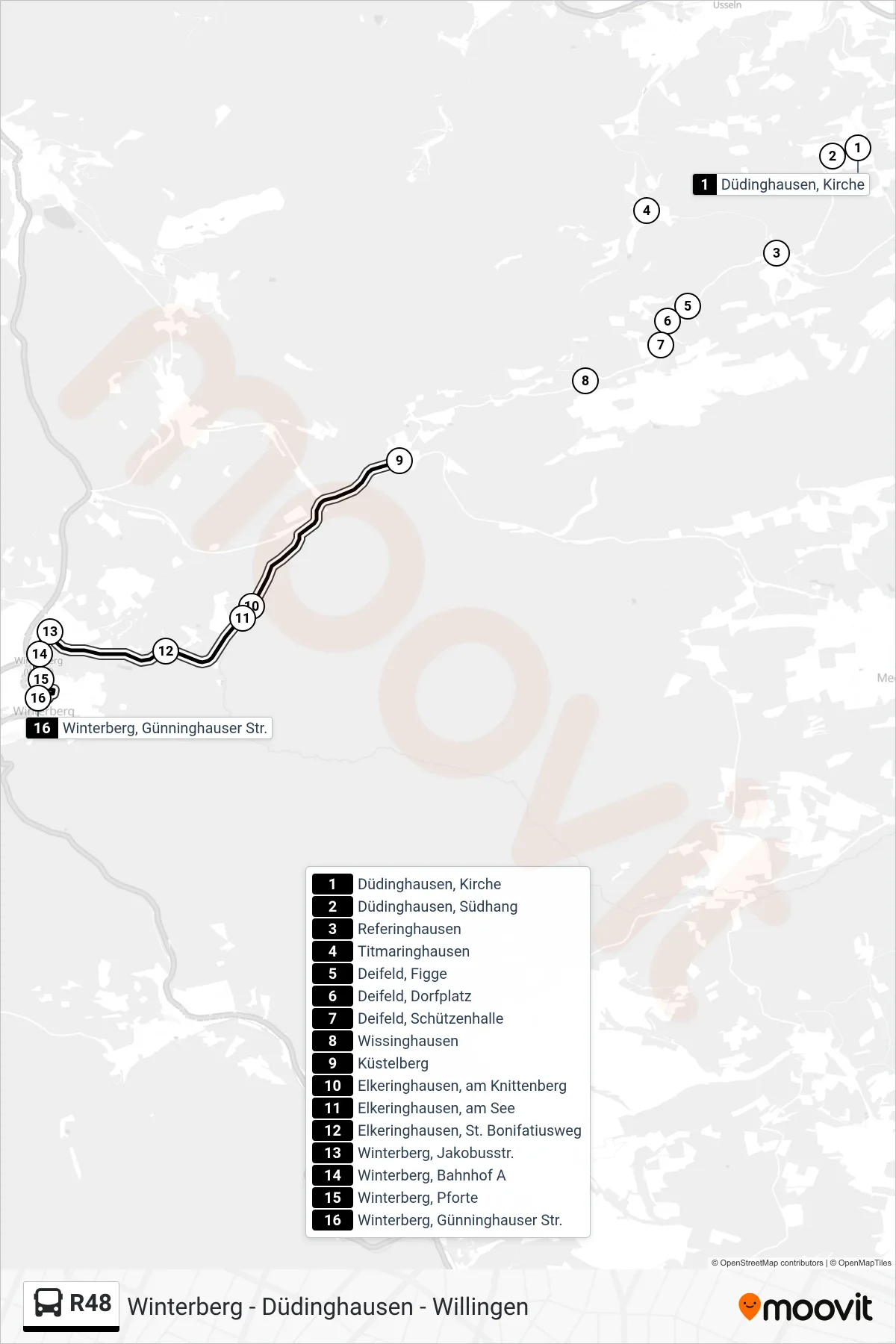 R48 bus Line (Winterberg, Günninghauser Str.) route and stops on a map