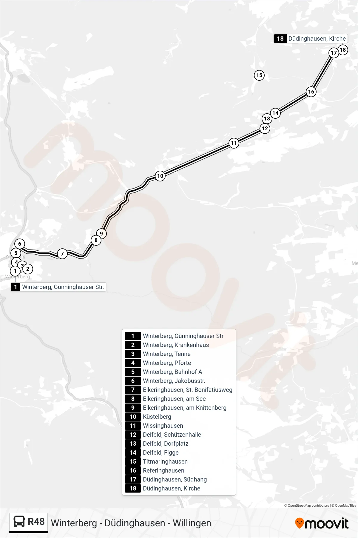R48 bus Line (Düdinghausen, Kirche) route and stops on a map