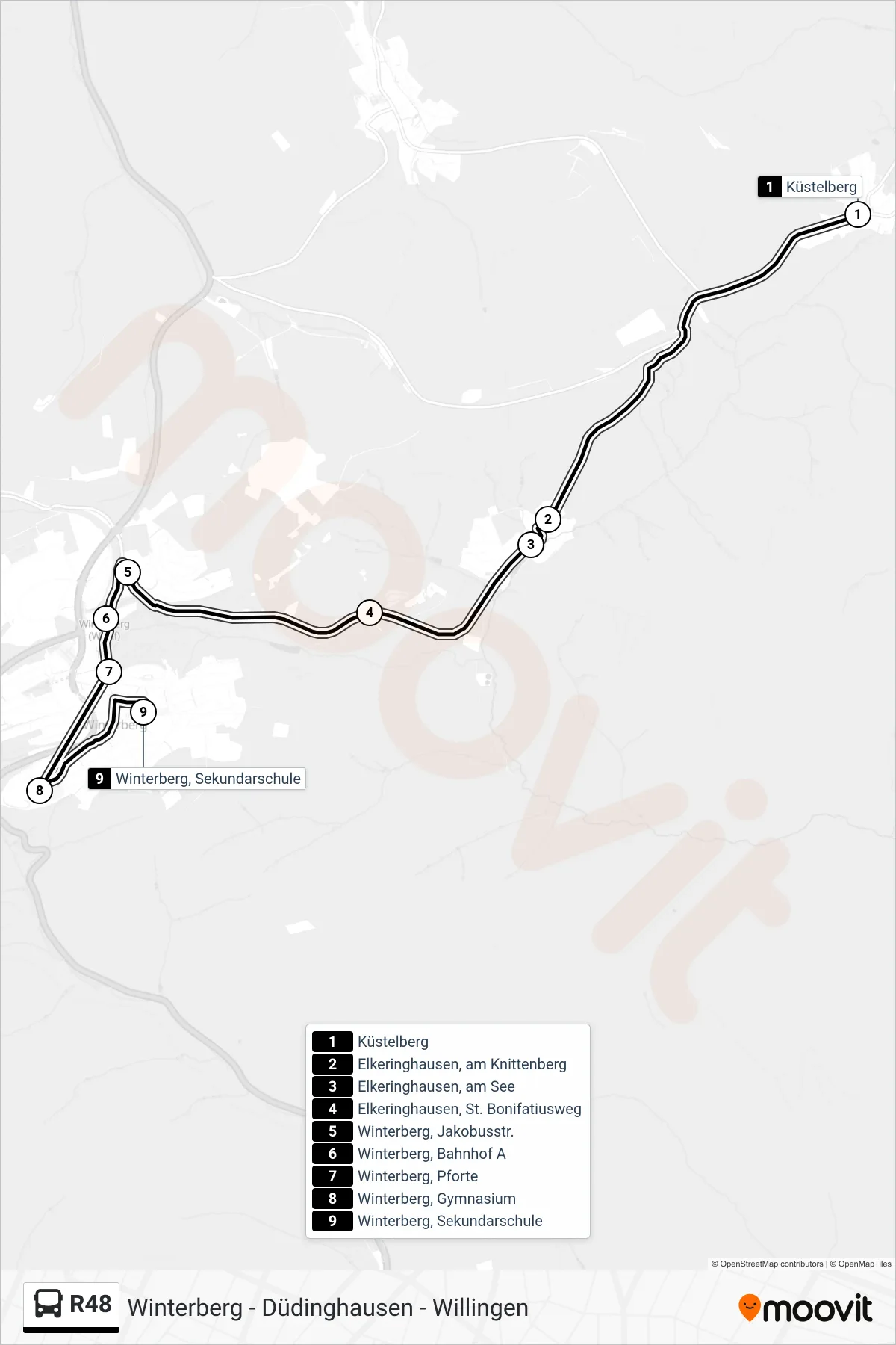 R48 bus Line (Winterberg, Sekundarschule) route and stops on a map
