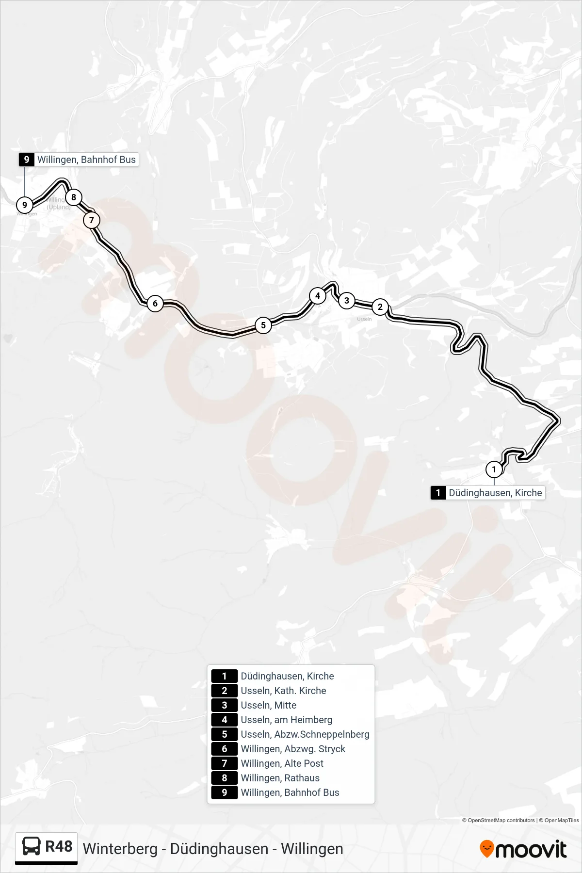 R48 bus Line (Willingen, Bahnhof Bus) route and stops on a map