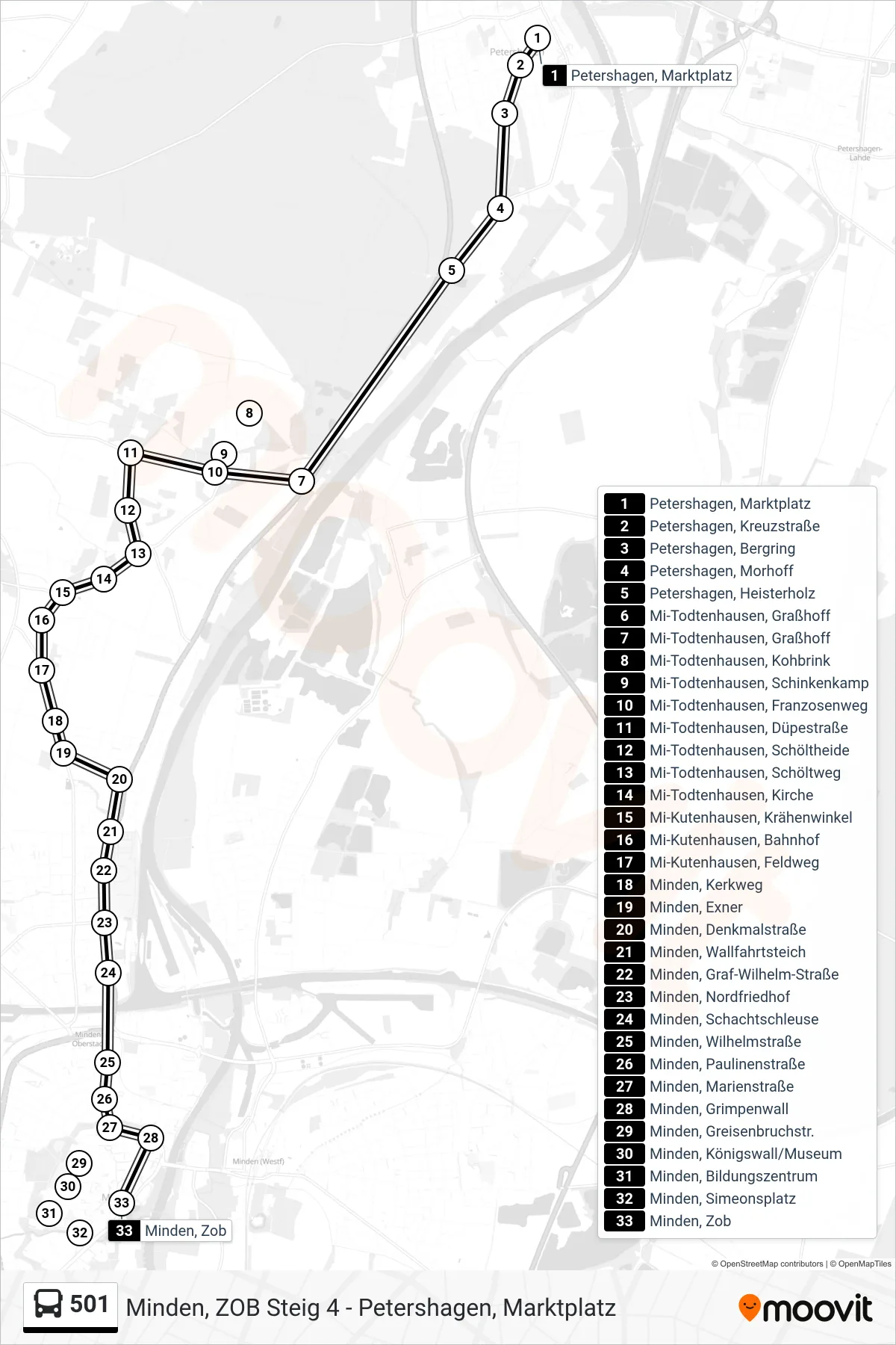 501 bus Line (Zob Minden) route and stops on a map