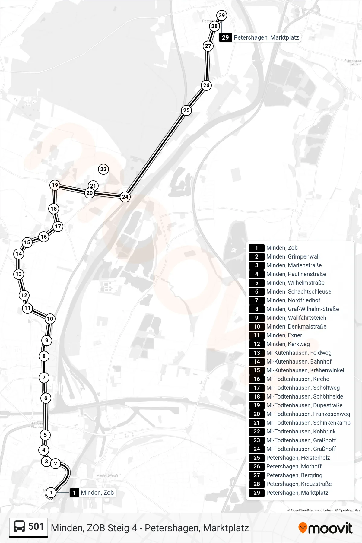 501 bus Line (Petershagen (530 Uchte)) route and stops on a map
