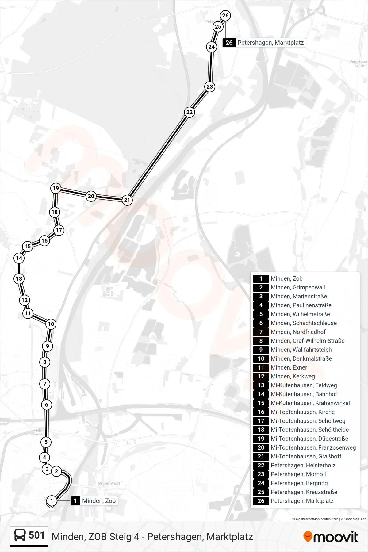 501 bus Line (Petershagen (500 Lahde)) route and stops on a map