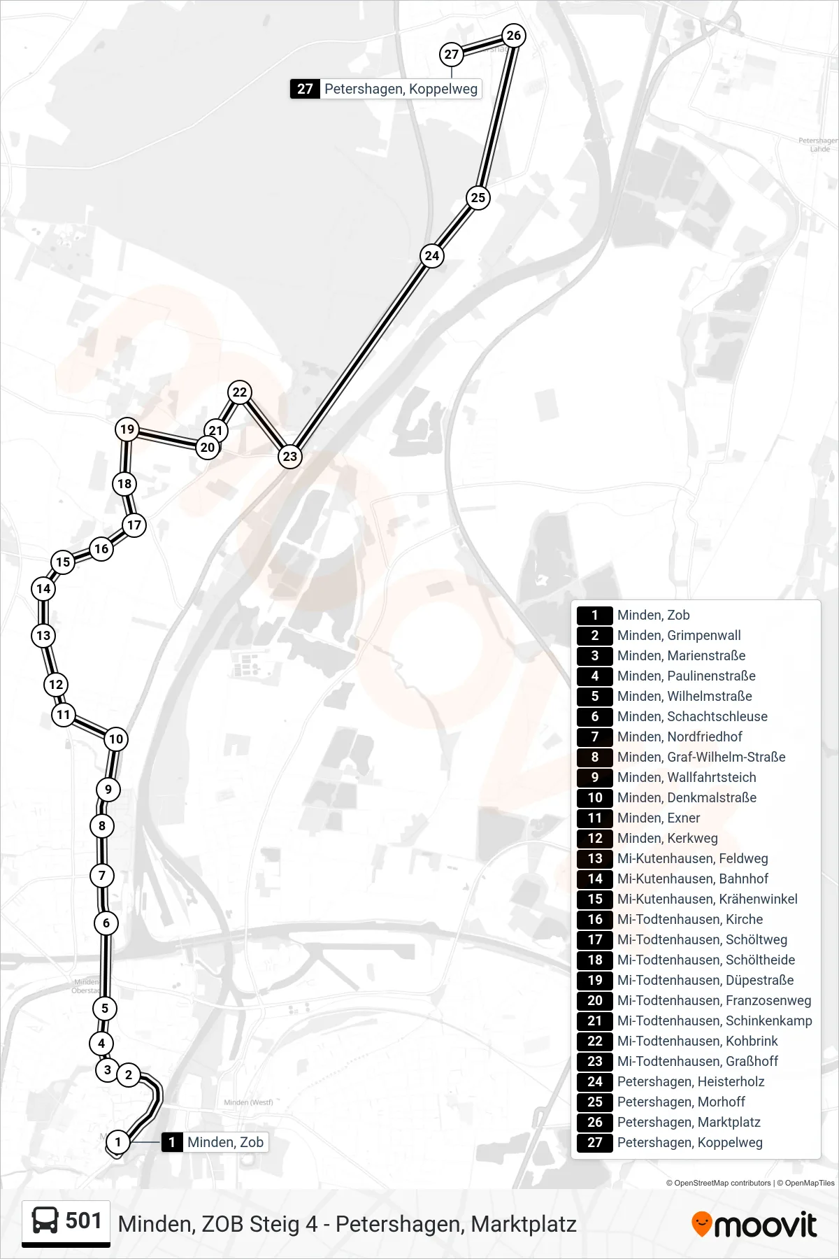 501 bus Line (Petershagen, Koppelweg) route and stops on a map
