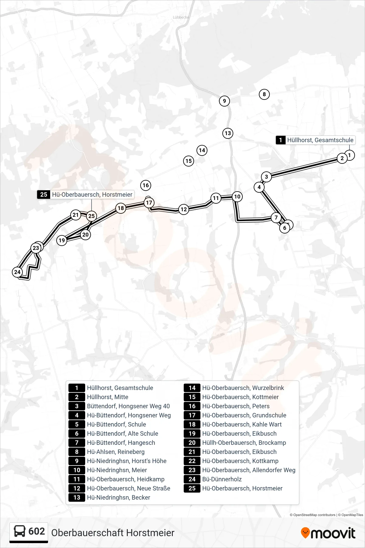 Linie 602 (Bus) Richtung Oberbauerschaft Horstmeier: Route und Haltestellen auf der Karte