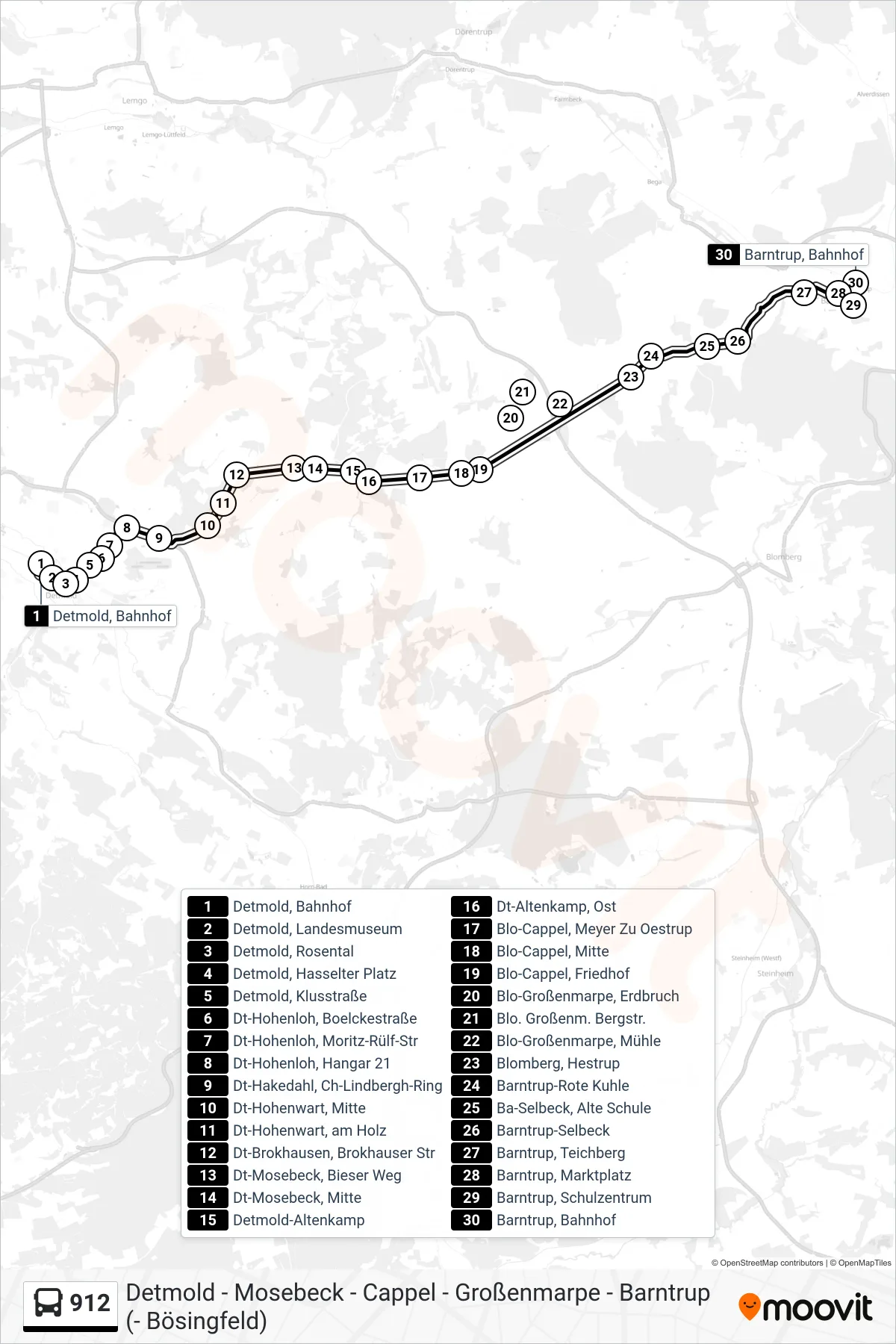 Linie 912 (Bus) Richtung Barntrup: Route und Haltestellen auf der Karte