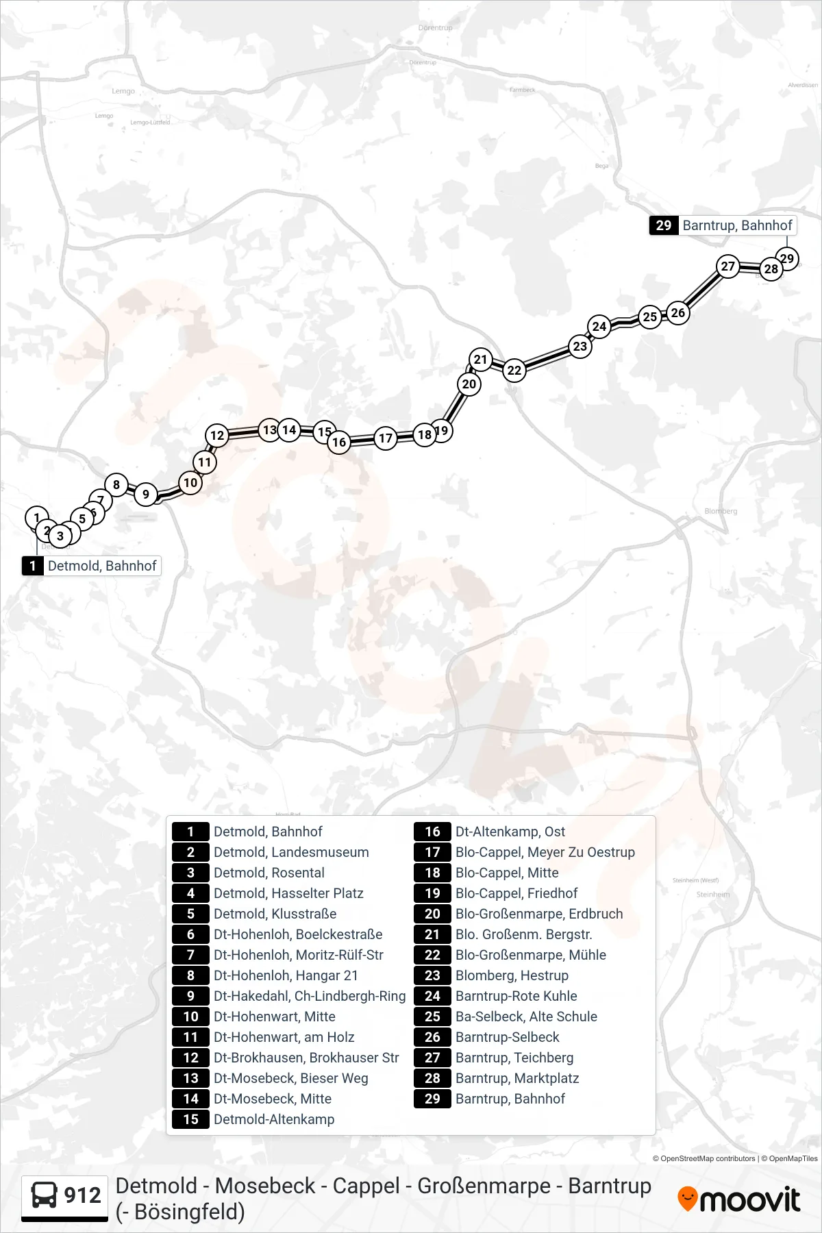 Linie 912 (Bus) Richtung Barntrup, Bahnhof: Route und Haltestellen auf der Karte
