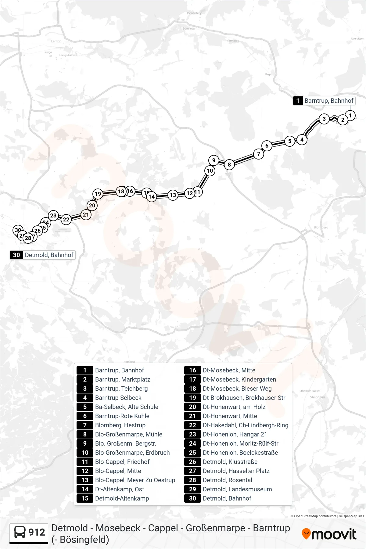 Linie 912 (Bus) Richtung Detmold, Bahnhof Steig 5: Route und Haltestellen auf der Karte