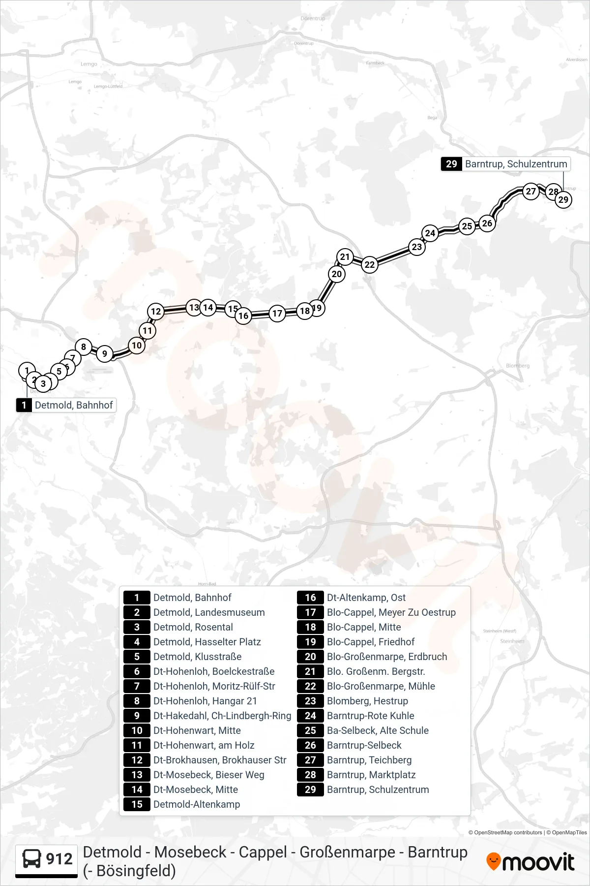 Linie 912 (Bus) Richtung Barntrup, Schulzentrum: Route und Haltestellen auf der Karte