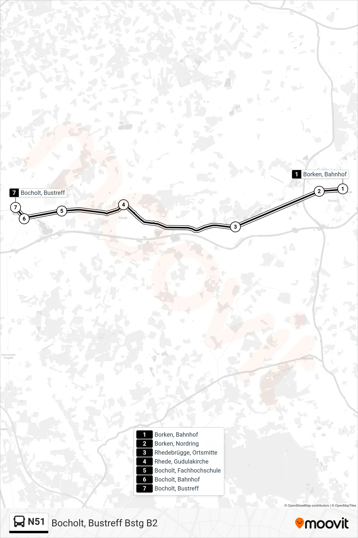 Linie N51 (Bus) Richtung Bocholt, Bustreff Bstg B2: Route und Haltestellen auf der Karte
