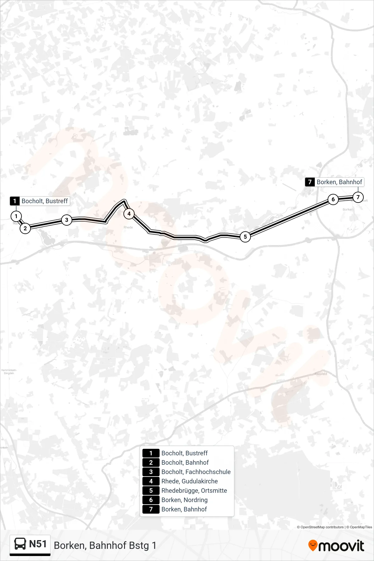 N51 bus Line (Borken, Bahnhof Bstg 1) route and stops on a map