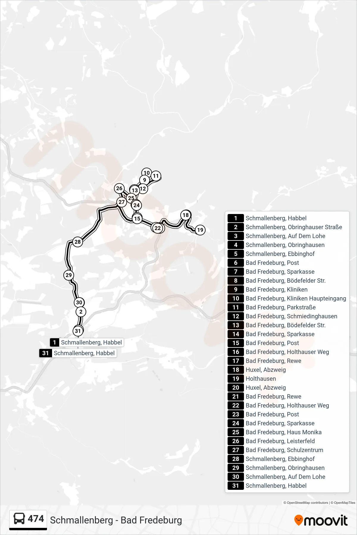 474 bus Line (Schmallenberg, Habbel) route and stops on a map