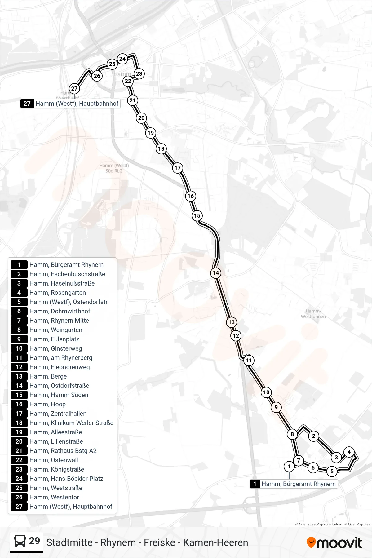 Linie 29 (Bus) Richtung Hamm (Westf), Hauptbahnhof: Route und Haltestellen auf der Karte