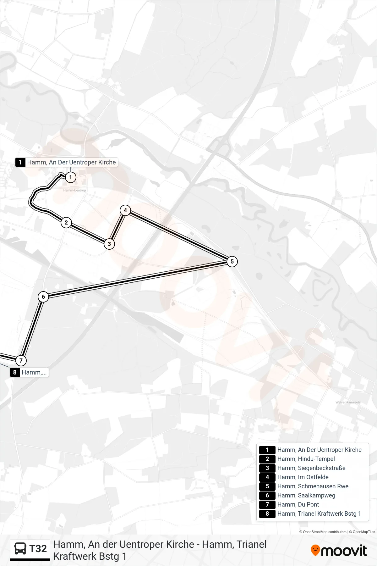 T32 bus Line (Hamm, Trianel Kraftwerk Bstg 1) route and stops on a map