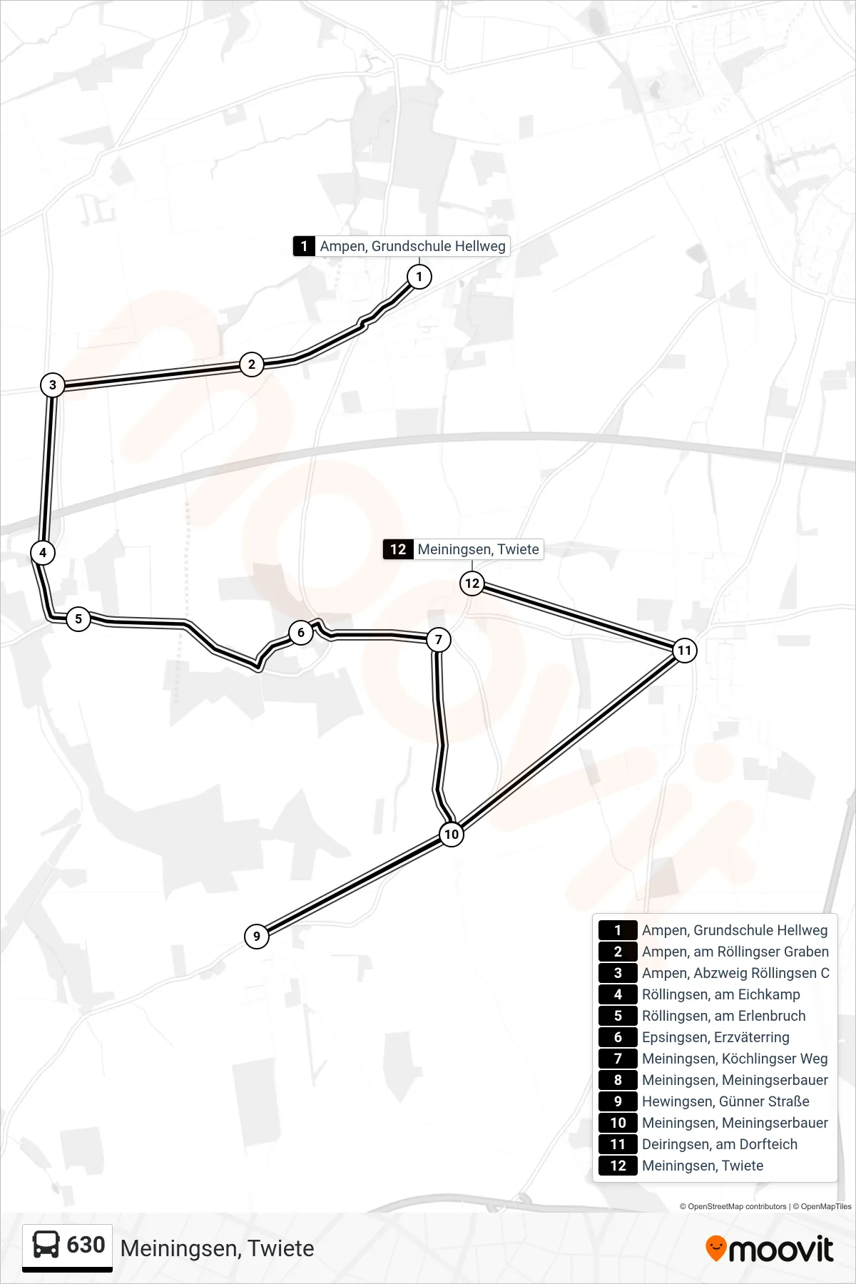630 bus Line (Meiningsen, Twiete) route and stops on a map