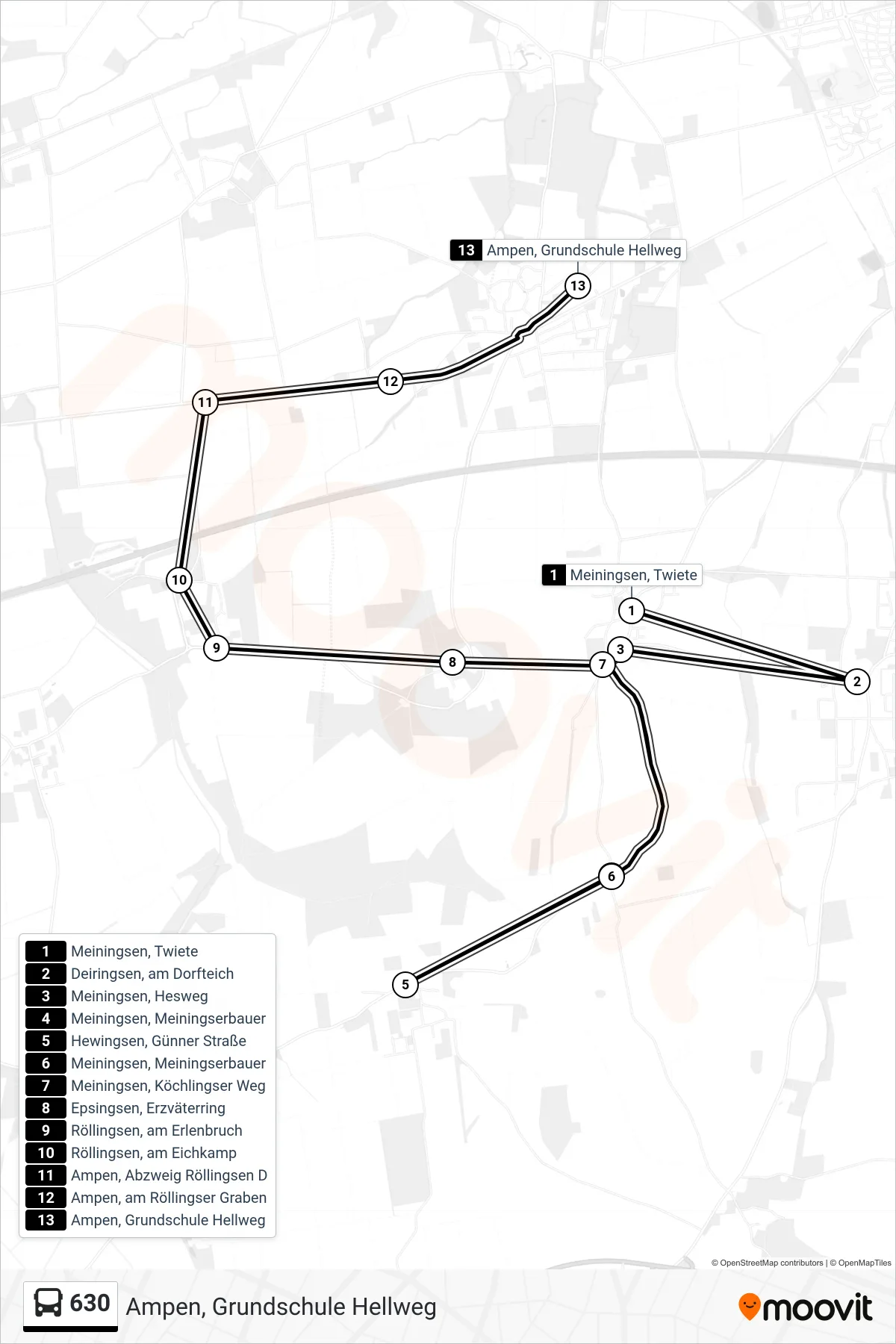 630 bus Line (Ampen, Grundschule Hellweg) route and stops on a map