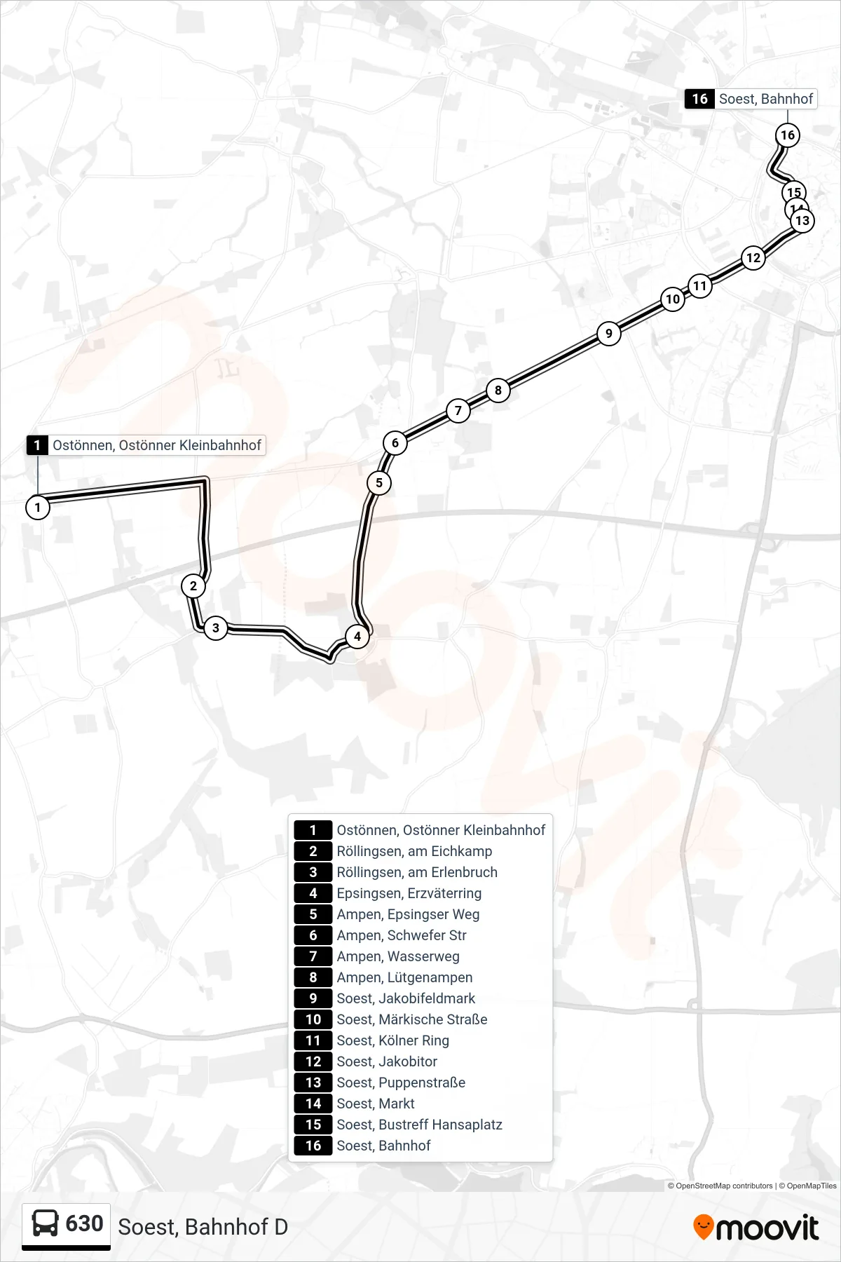 Linie 630 (Bus) Richtung Soest, Bahnhof D: Route und Haltestellen auf der Karte