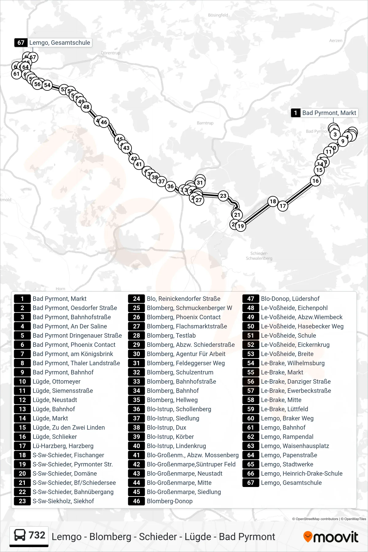 732 bus Line (Lemgo) route and stops on a map