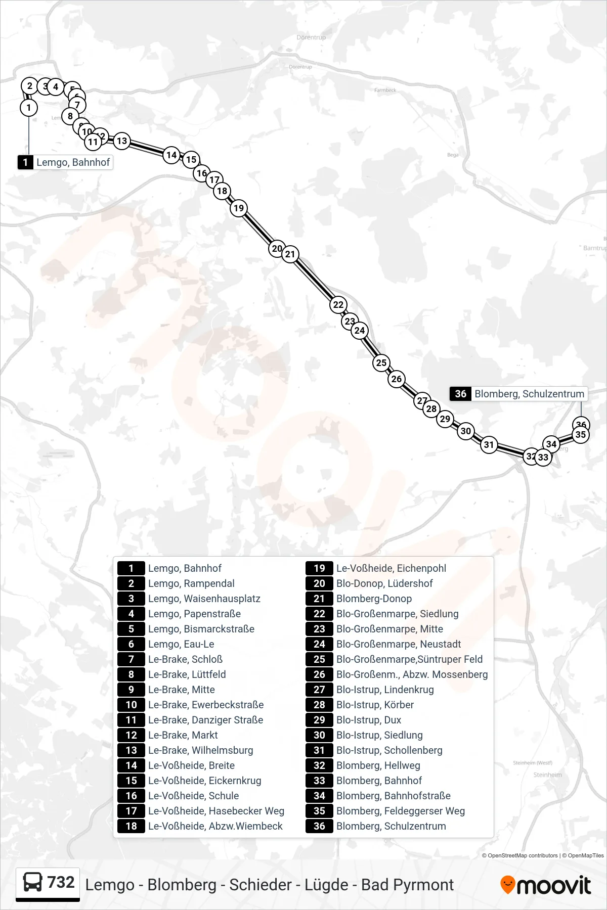 Linie 732 (Bus) Richtung Blomberg: Route und Haltestellen auf der Karte