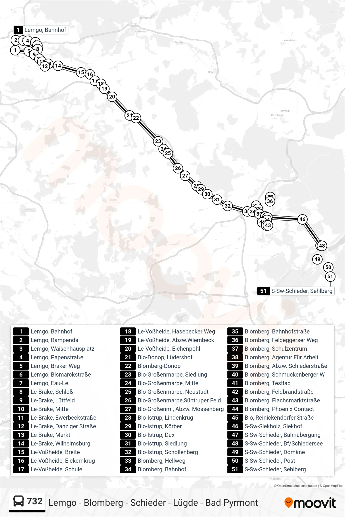 732 bus Line (Schieder) route and stops on a map