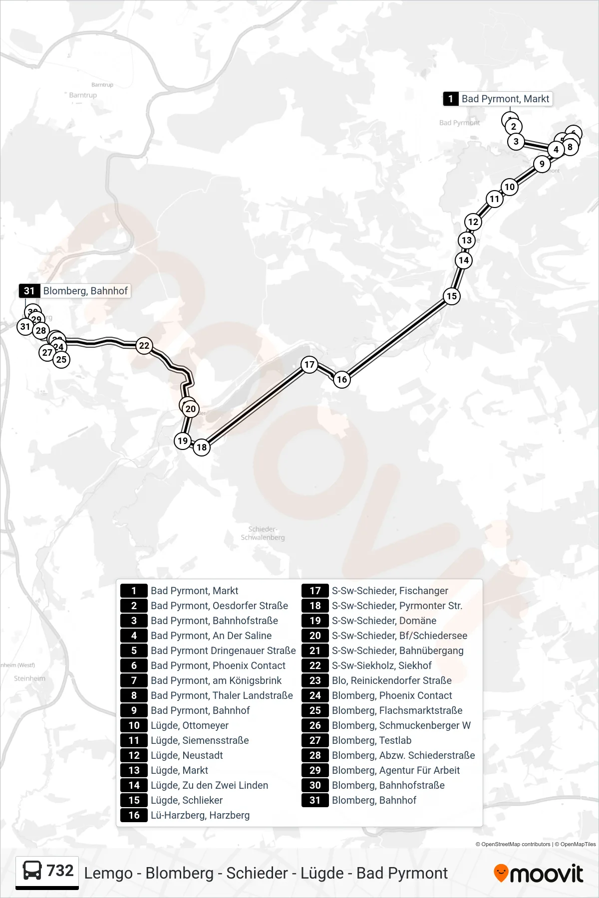 732 bus Line (Blomberg) route and stops on a map