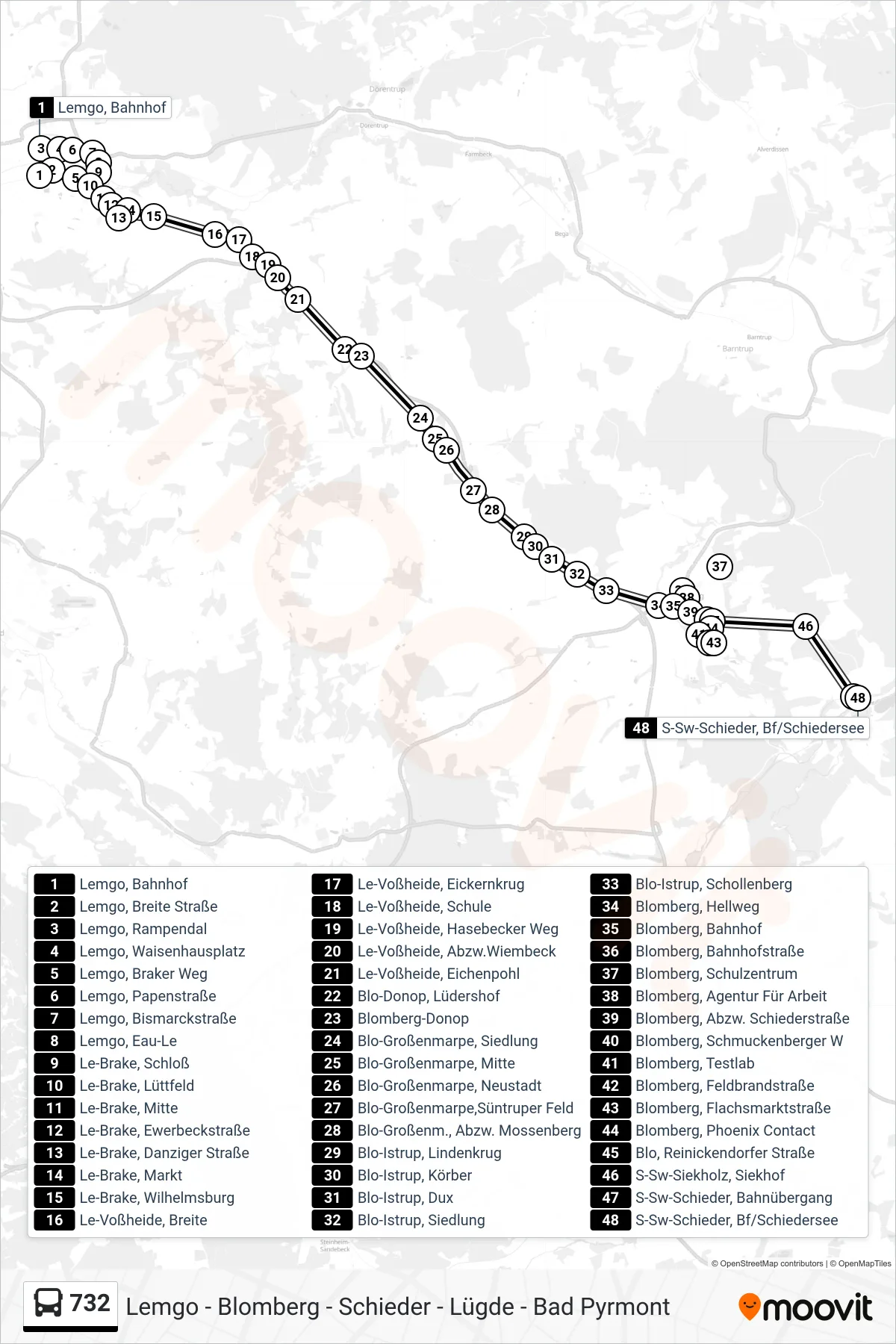 732 bus Line (S-Sw-Schieder, Bf/Schiedersee) route and stops on a map