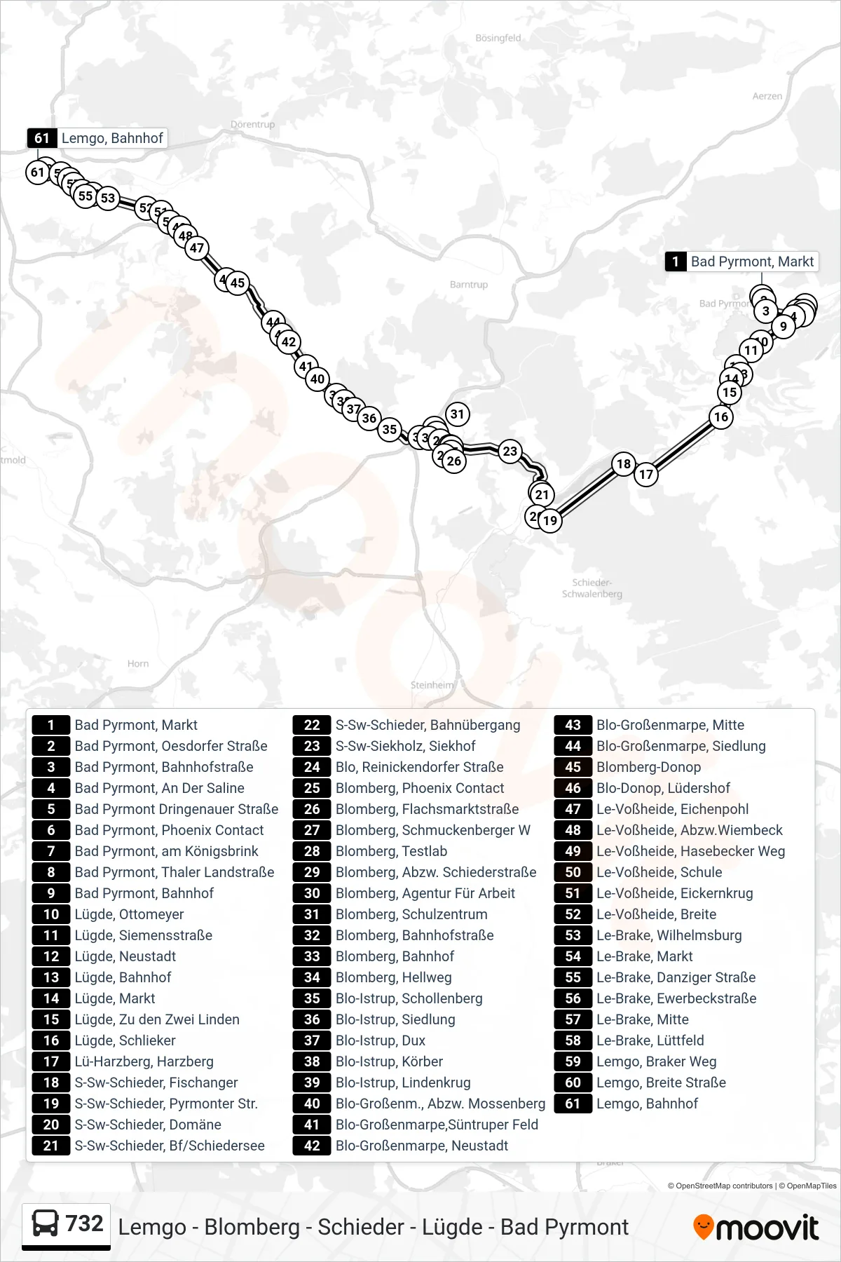732 bus Line (Lemgo, Bahnhof Steig 2) route and stops on a map