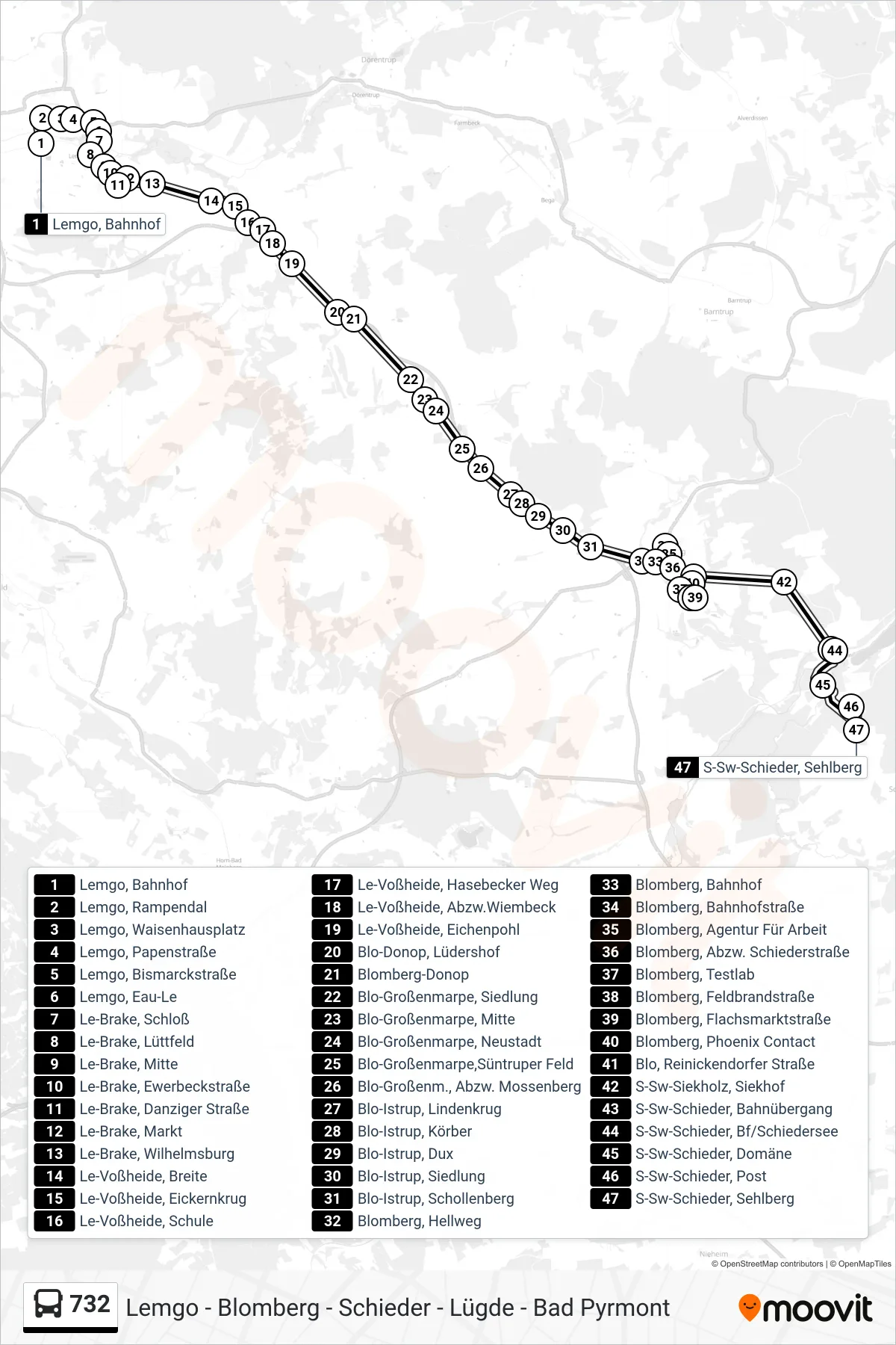 732 bus Line (S-Sw-Schieder, Sehlberg) route and stops on a map