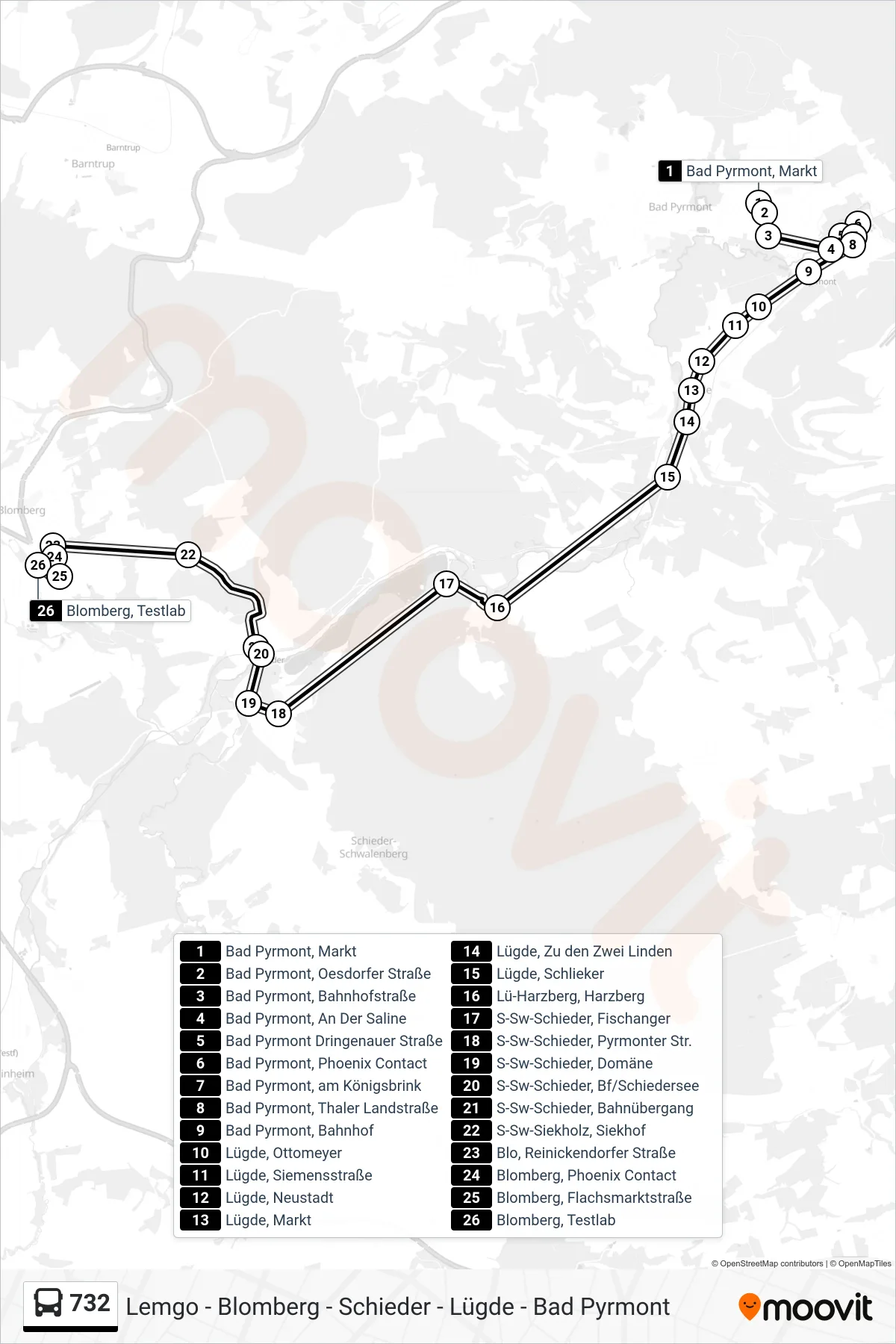732 bus Line (Blomberg, Testlab) route and stops on a map
