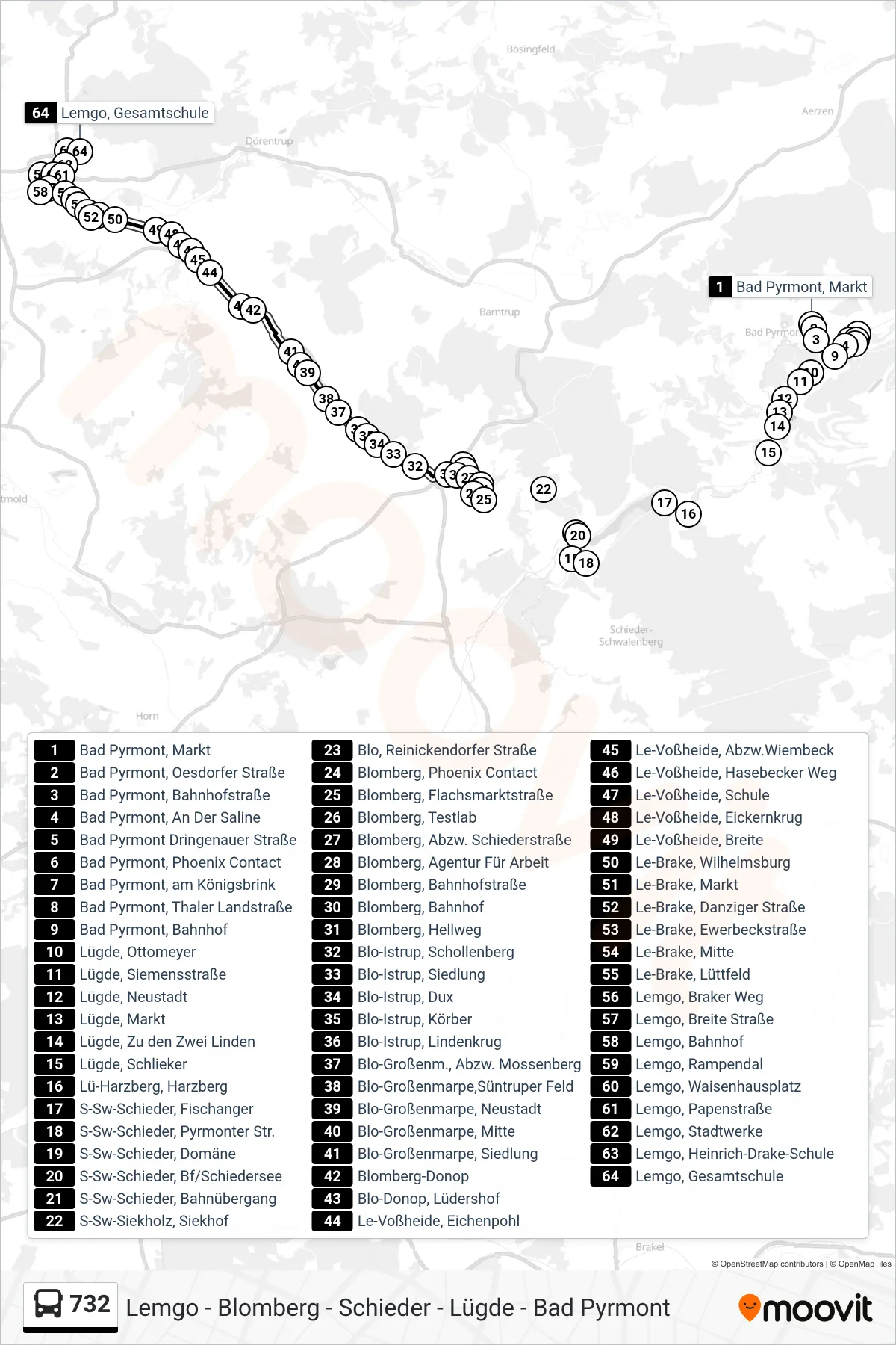732 bus Line (Lemgo, Gesamtschule) route and stops on a map