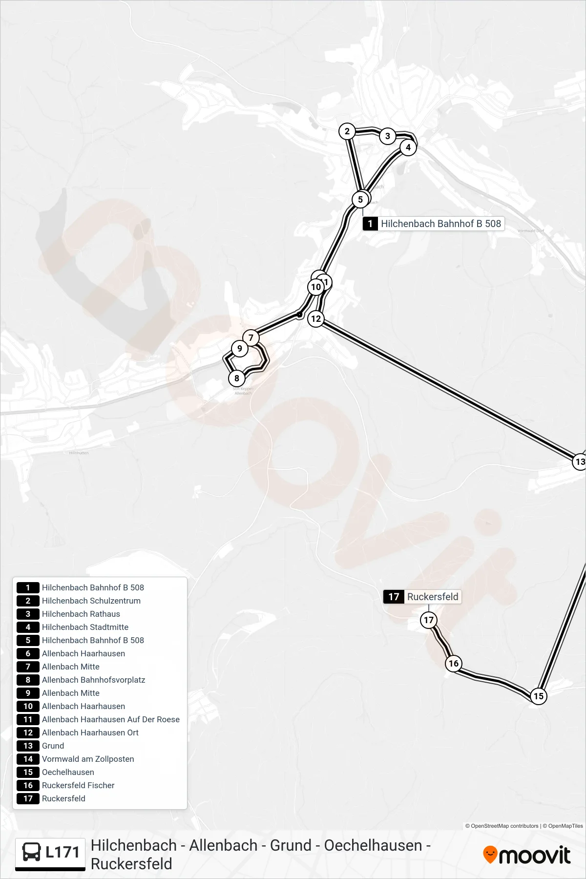 L171 bus Line (Ruckersfeld) route and stops on a map