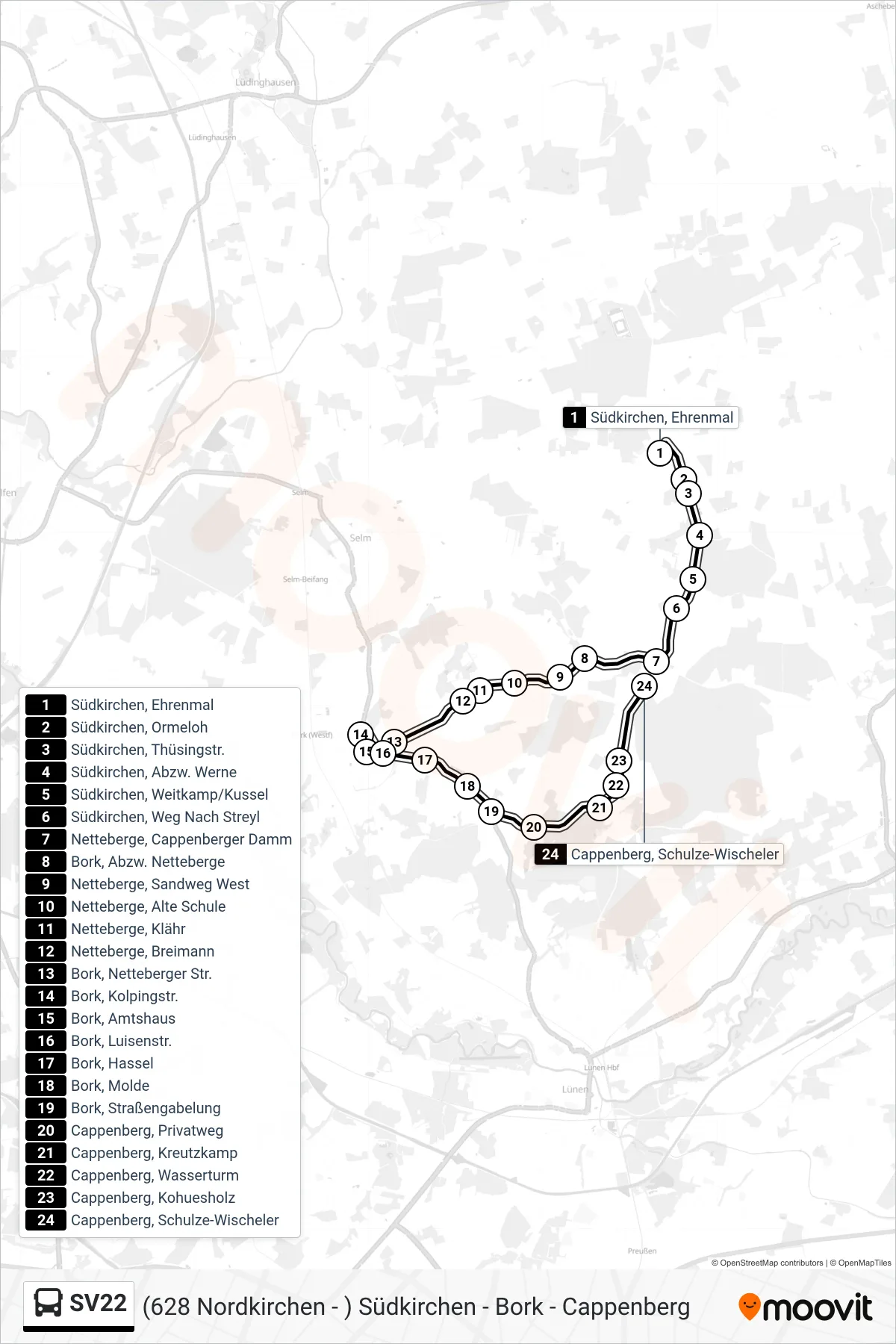 Linie SV22 (Bus) Richtung Cappenberg, Schulze-Wischeler: Route und Haltestellen auf der Karte
