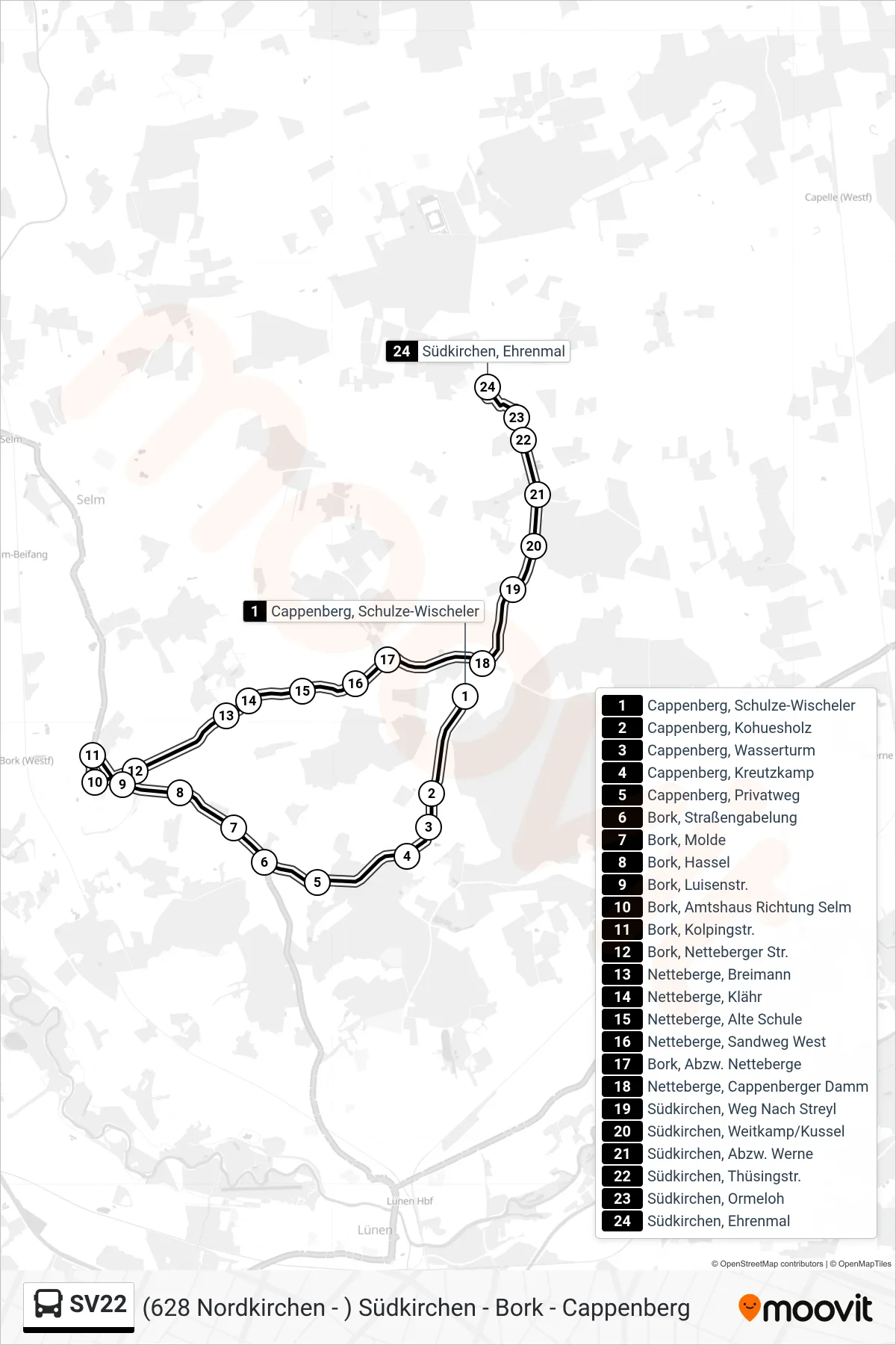 SV22 bus Line (Südkirchen, Ehrenmal) route and stops on a map