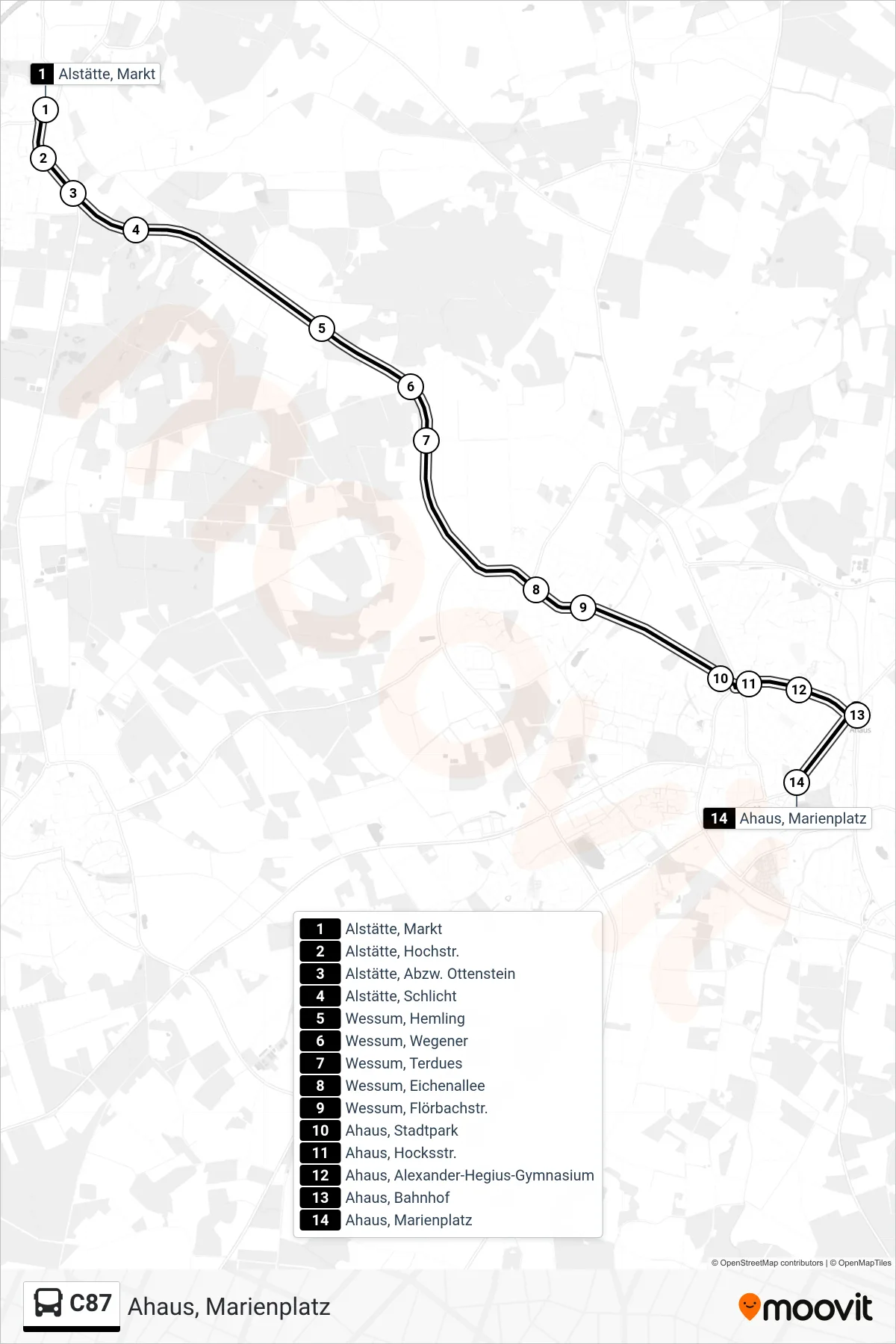 C87 bus Line (Ahaus, Marienplatz) route and stops on a map