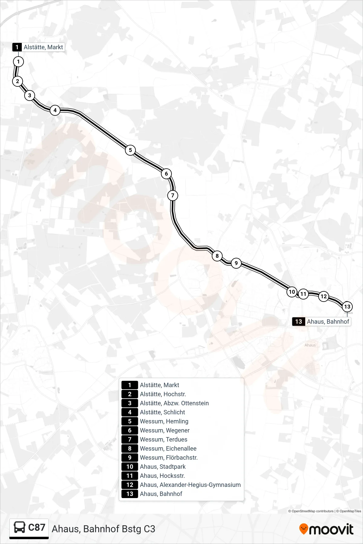 Linie C87 (Bus) Richtung Ahaus, Bahnhof Bstg C3: Route und Haltestellen auf der Karte